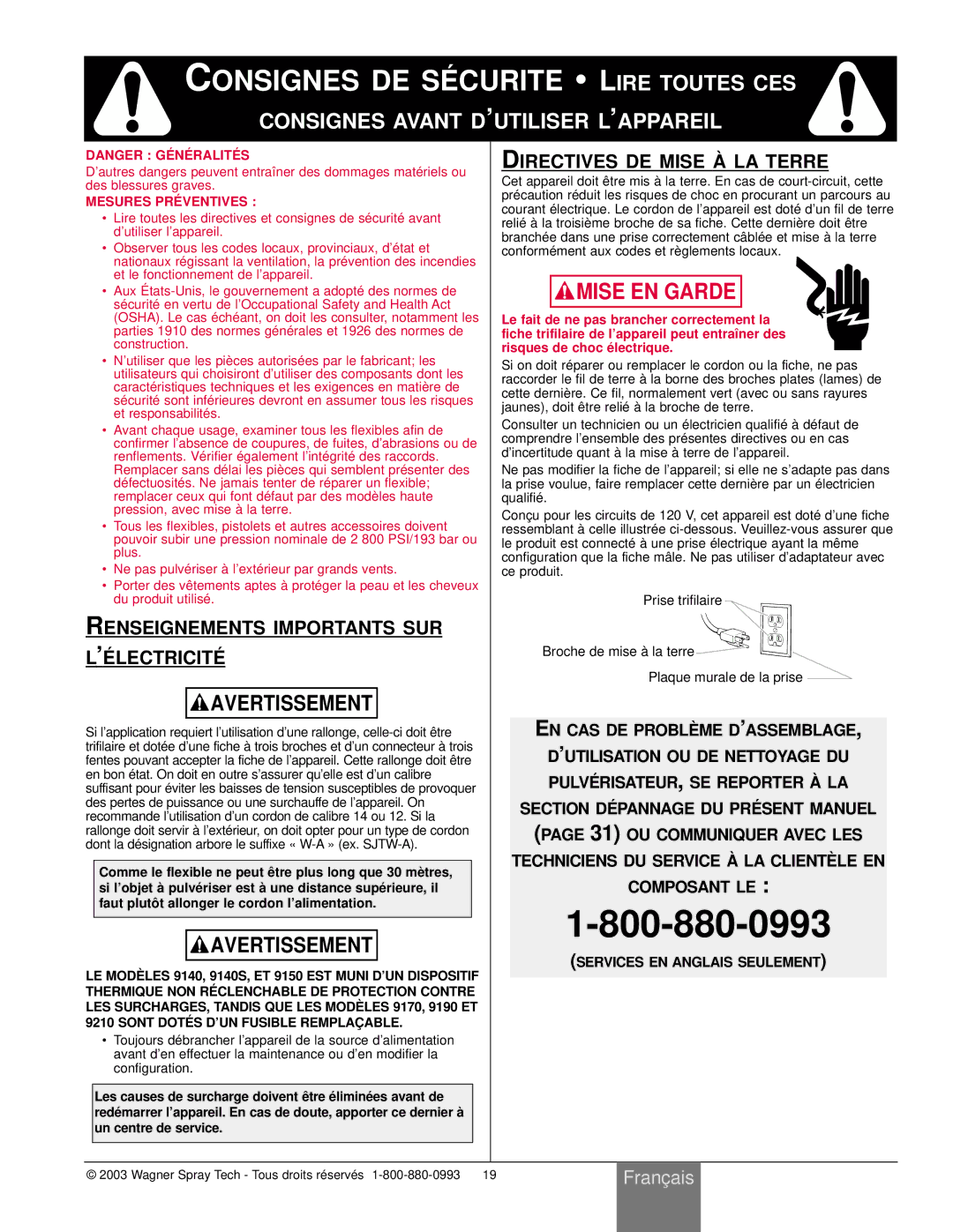 Wagner SprayTech Model 9140 owner manual Renseignements Importants SUR L’É Lectricité, Directives DE Mise À LA Terre 