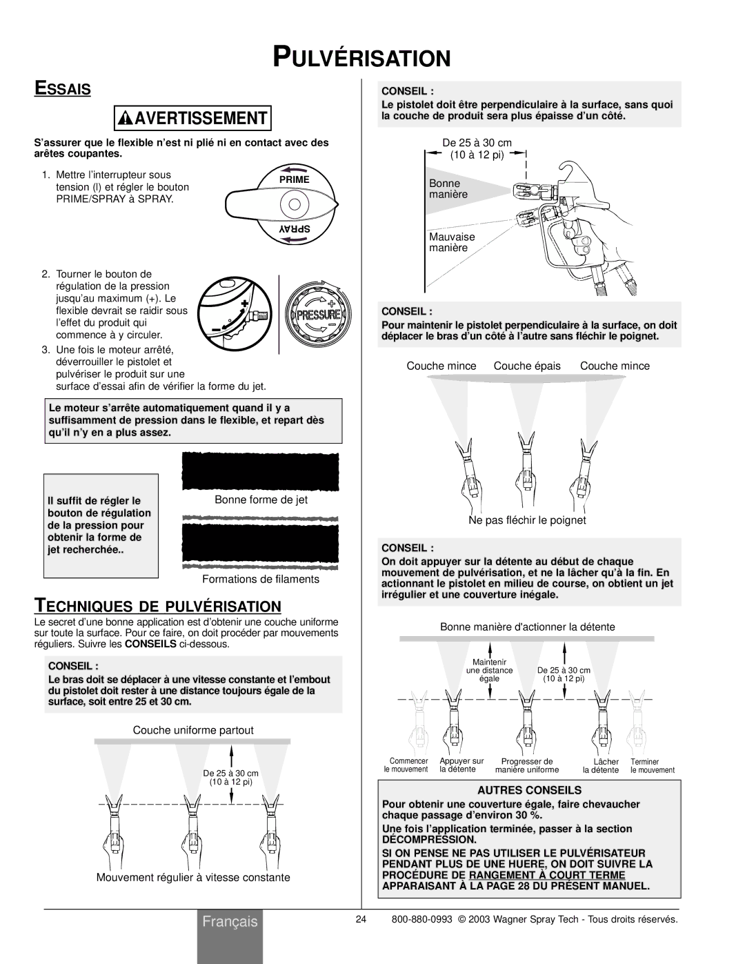 Wagner SprayTech Model 9140 owner manual Essais, Techniques DE Pulvé Risation 