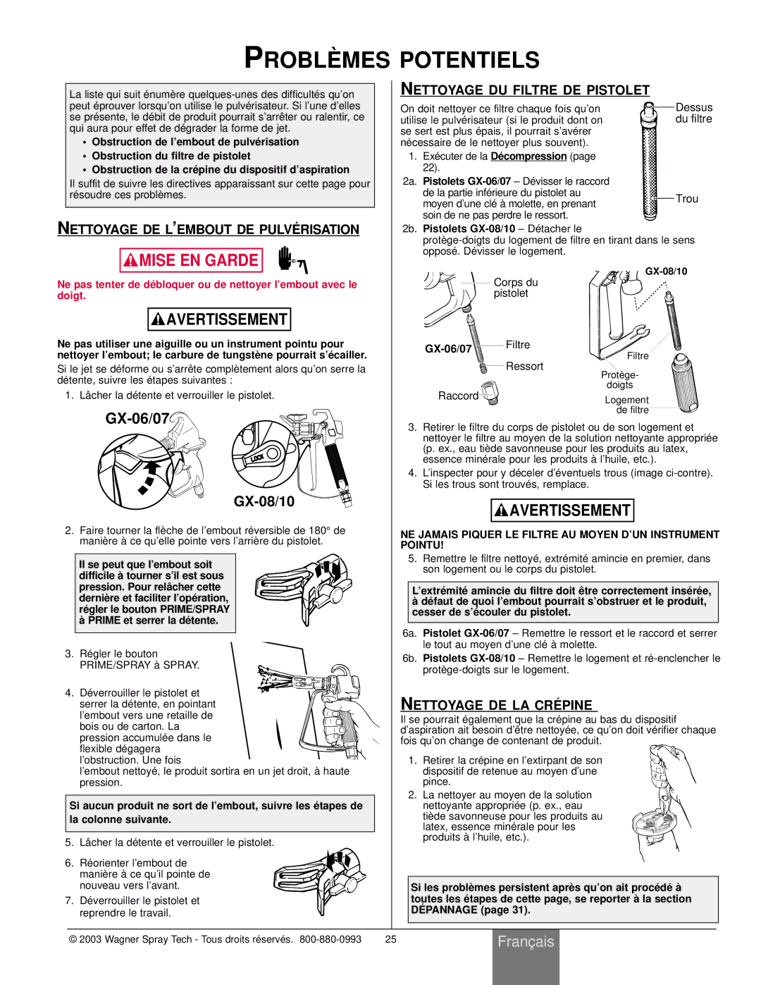 Wagner SprayTech Model 9140 Problè MES Potentiels, Nettoyage DU Filtre DE Pistolet, Nettoyage DE LA CRÉ Pine, GX-06/07 