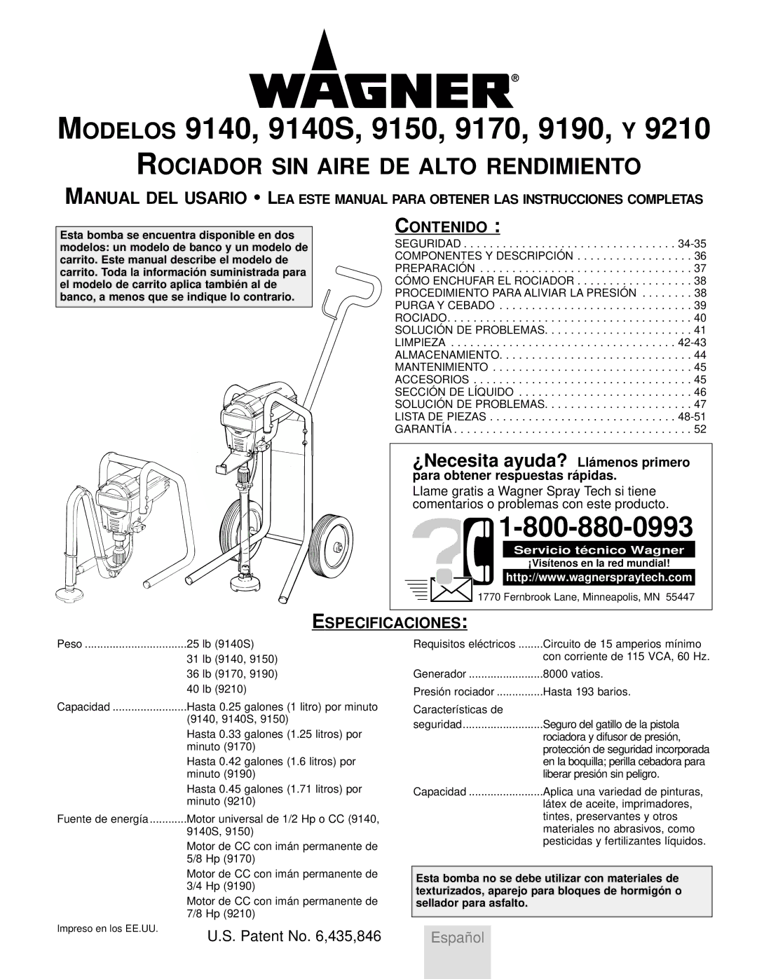 Wagner SprayTech Model 9140 owner manual Rociador SIN Aire DE Alto Rendimiento, Contenido, Especificaciones 