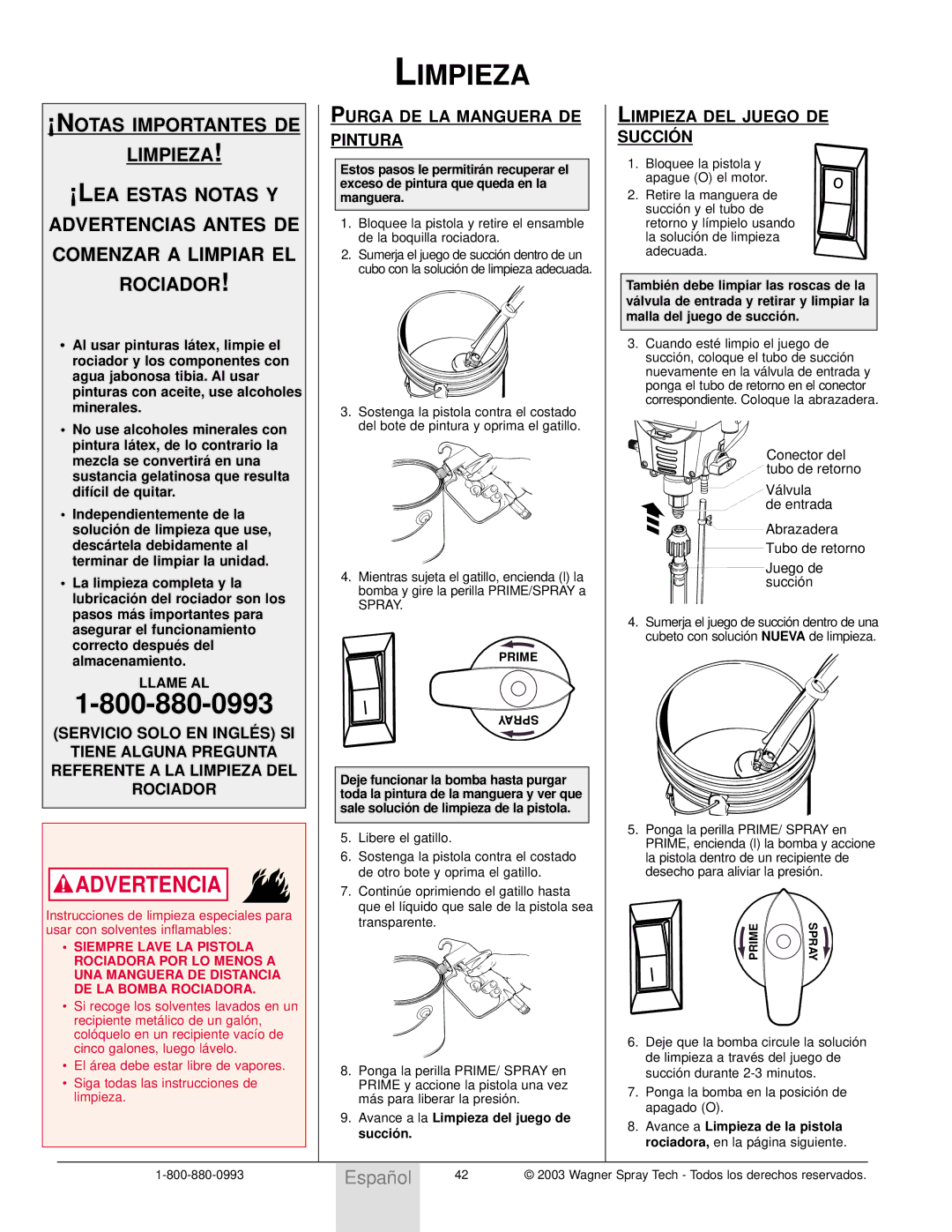 Wagner SprayTech Model 9140 owner manual Purga DE LA Manguera DE Pintura, Limpieza DEL Juego DE Succió N 