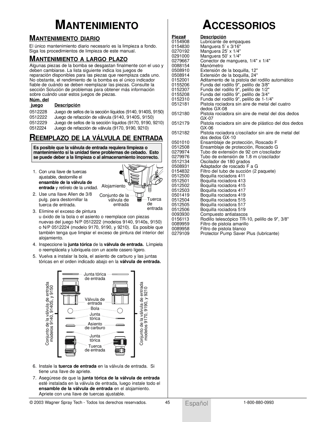 Wagner SprayTech Model 9140 owner manual Accessorios, Reemplazo DE LA VÁ Lvula DE Entrada, Mantenimiento Diario 