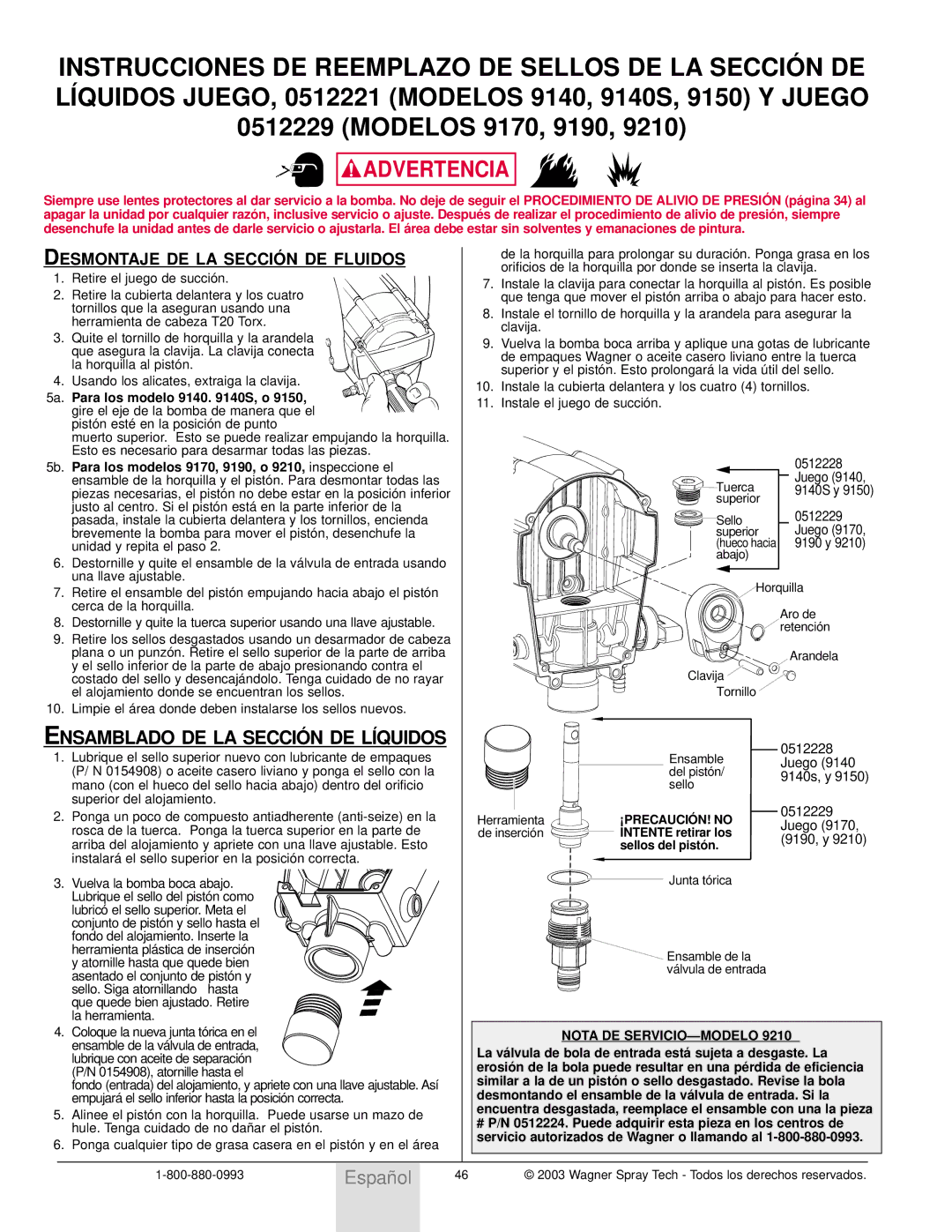 Wagner SprayTech Model 9140 owner manual Ensamblado DE LA Secció N DE Líquidos, Desmontaje DE LA Secció N DE Fluidos 