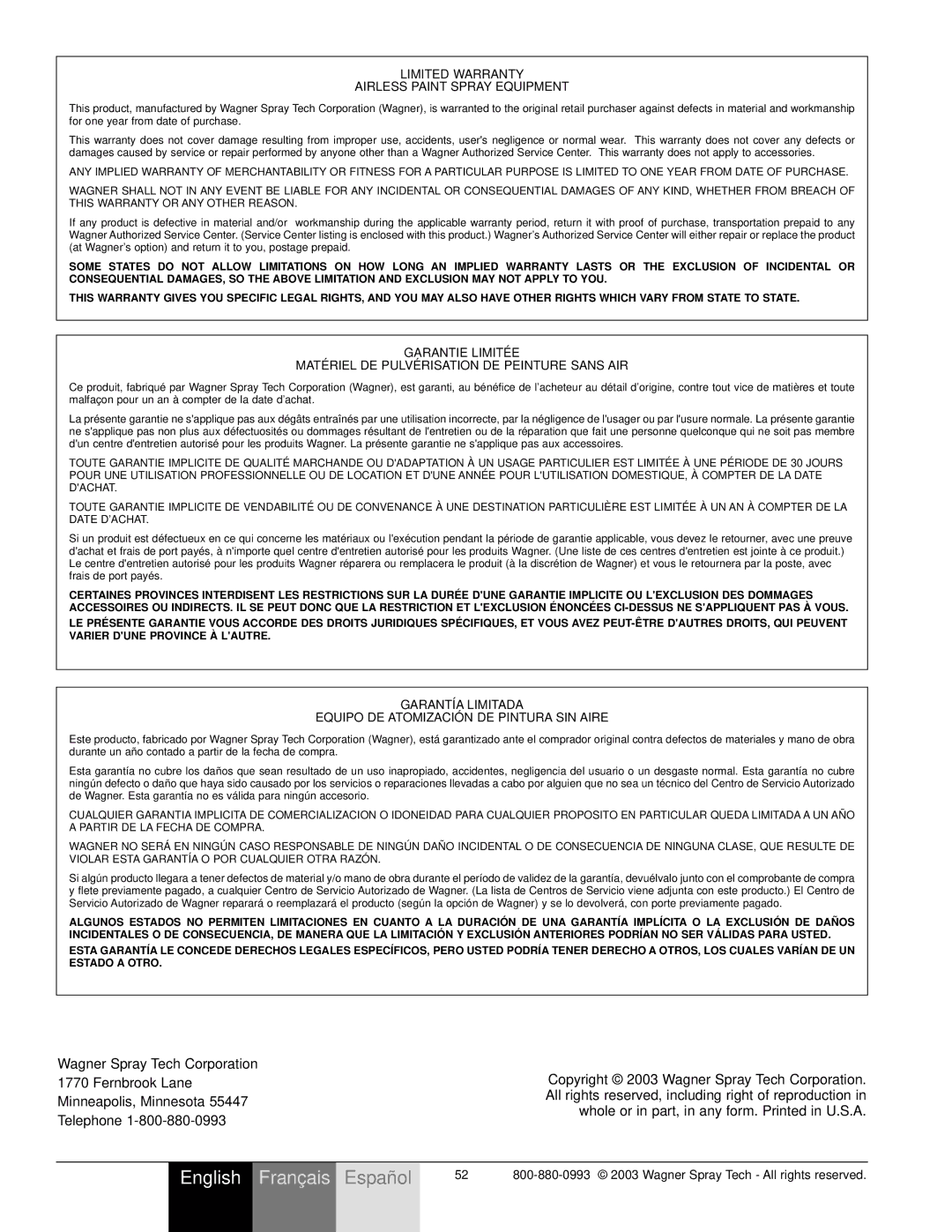 Wagner SprayTech Model 9140 owner manual Wagner Spray Tech Corporation, Fernbrook Lane, Minneapolis, Minnesota, Telephone 