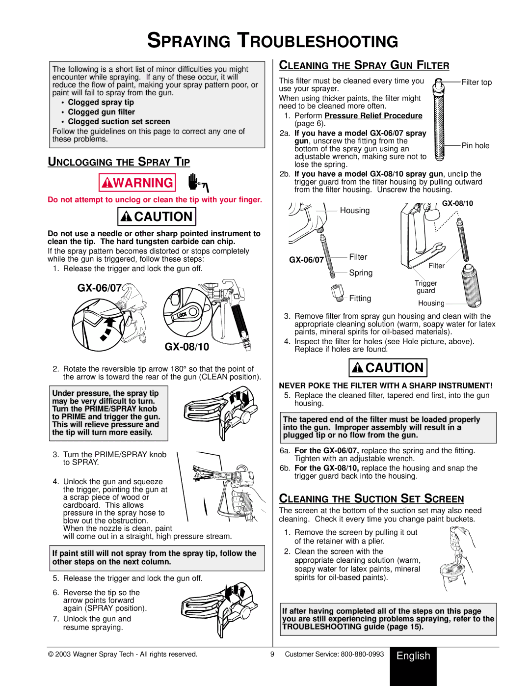 Wagner SprayTech Model 9140 owner manual Spraying Troubleshooting, Cleaning the Spray GUN Filter, Unclogging the Spray TIP 