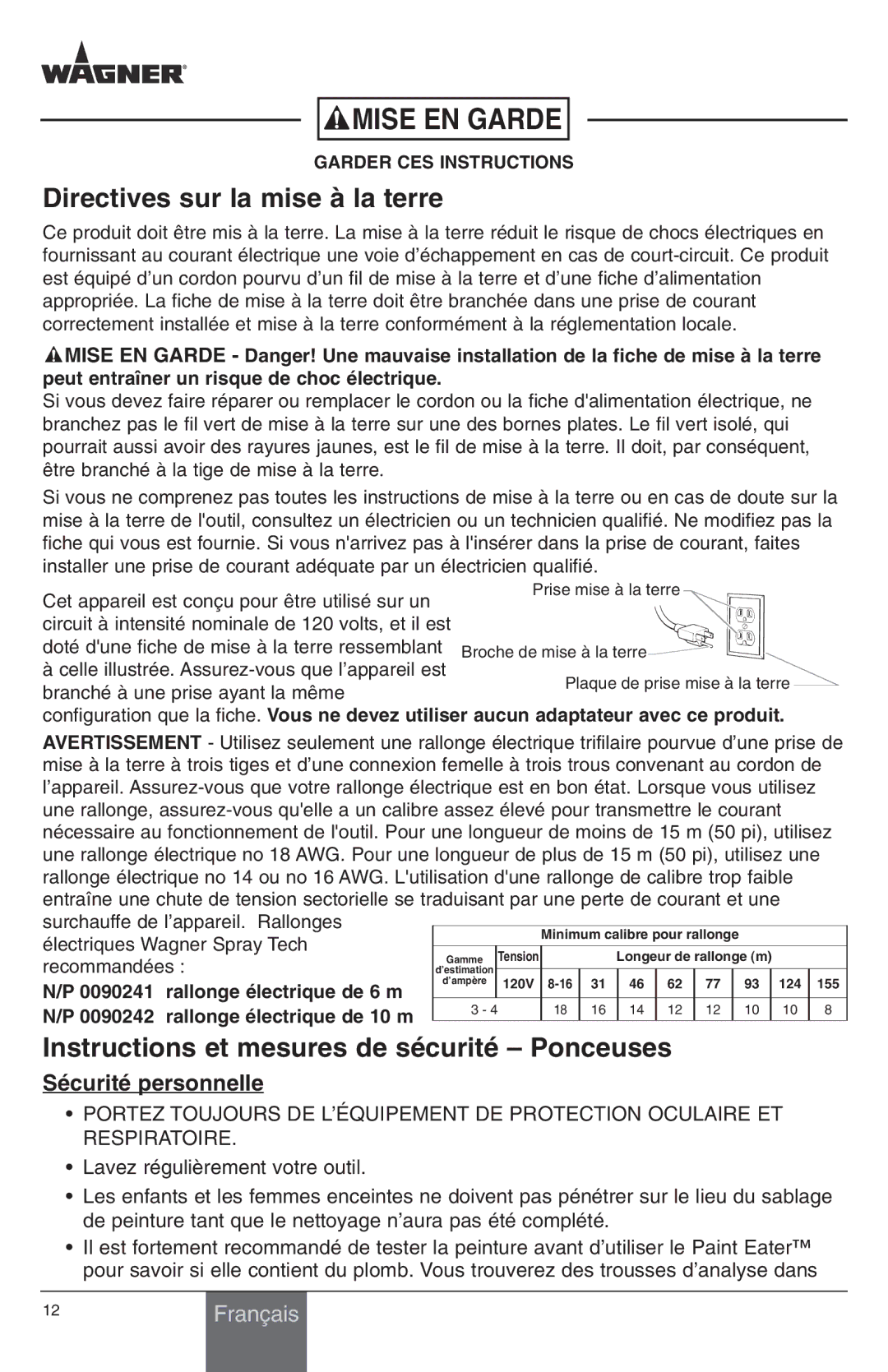 Wagner SprayTech Paint Eater owner manual Directives sur la mise à la terre, Instructions et mesures de sécurité Ponceuses 