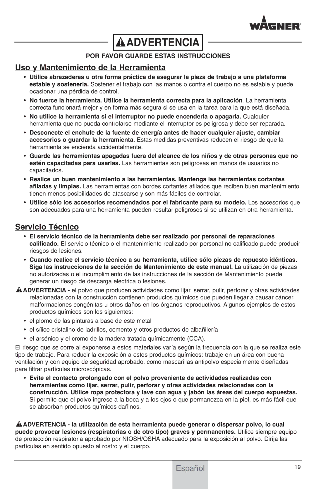 Wagner SprayTech Paint Eater owner manual Uso y Mantenimiento de la Herramienta, Servicio Técnico 