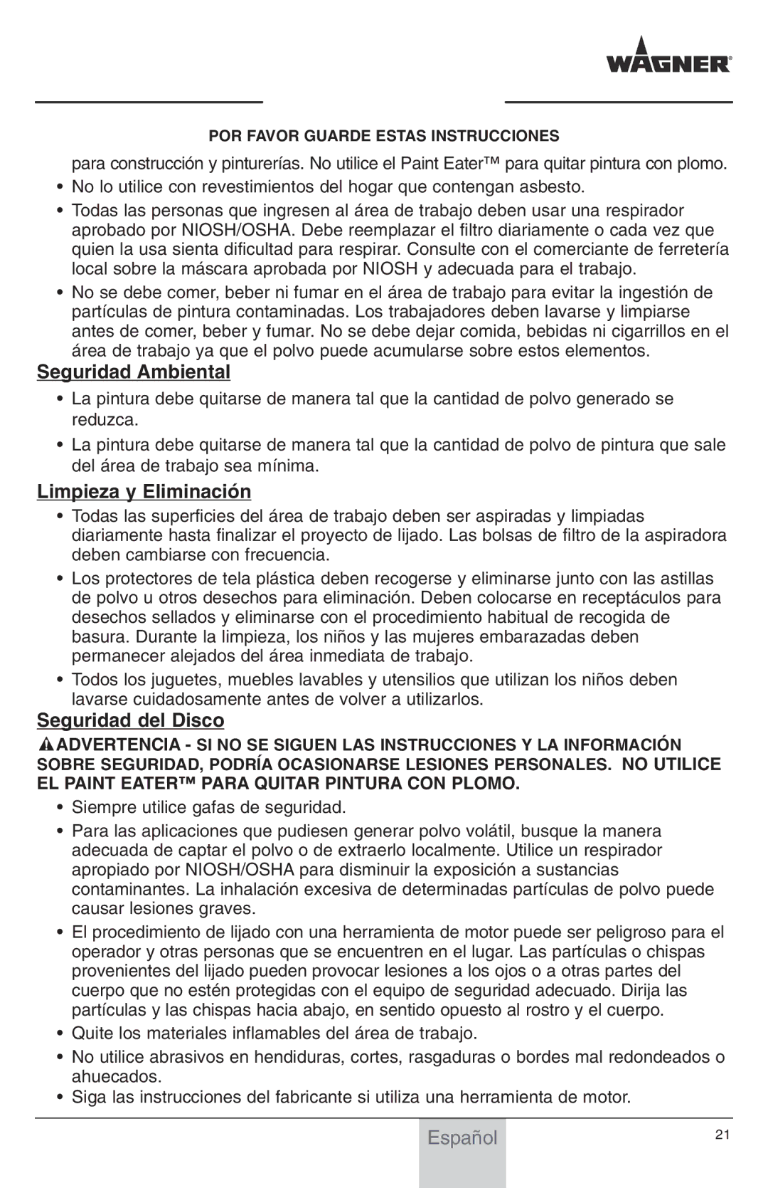 Wagner SprayTech Paint Eater owner manual Seguridad Ambiental, Limpieza y Eliminación, Seguridad del Disco 