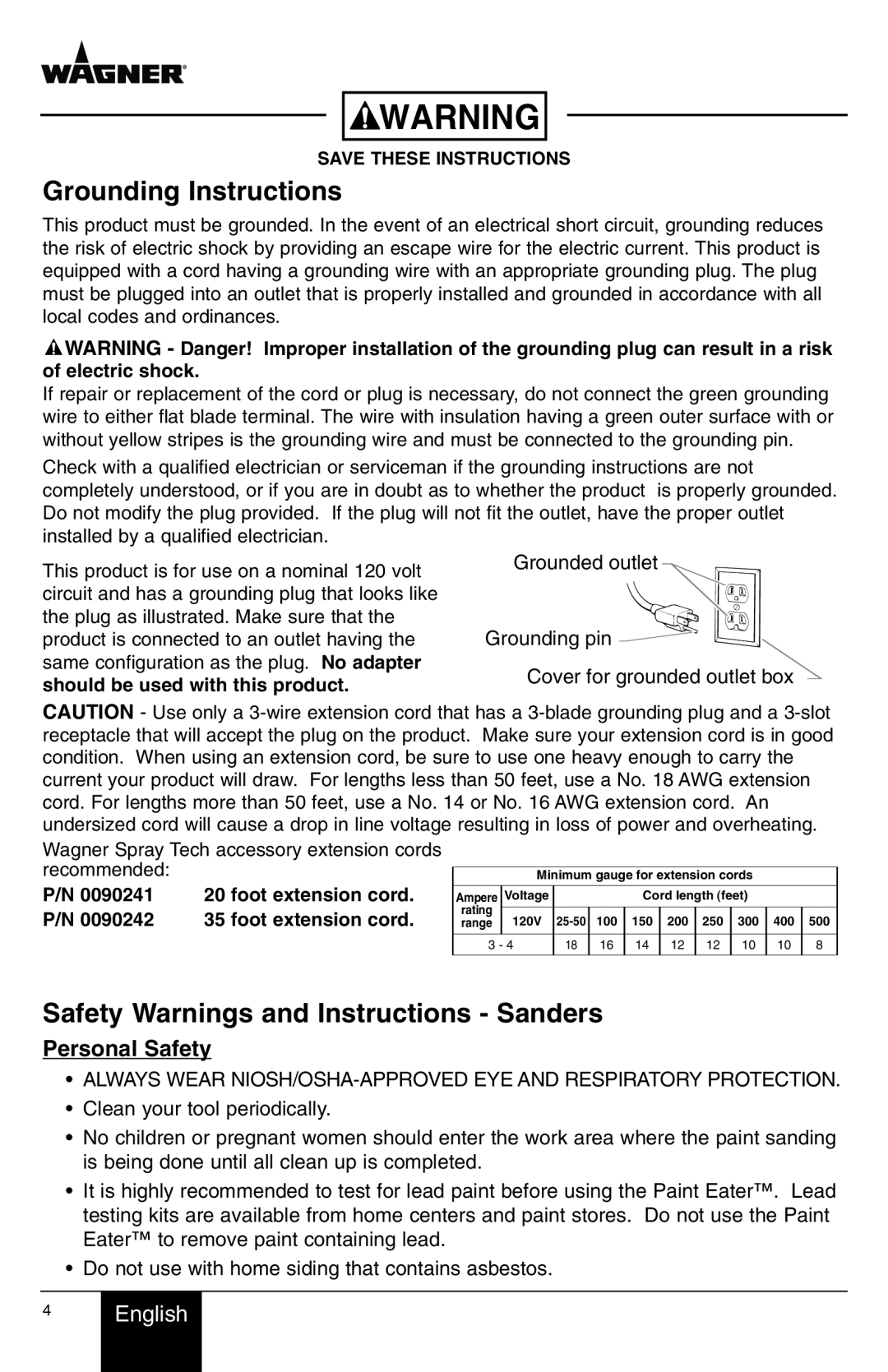 Wagner SprayTech Paint Eater owner manual Grounding Instructions, Safety Warnings and Instructions Sanders 