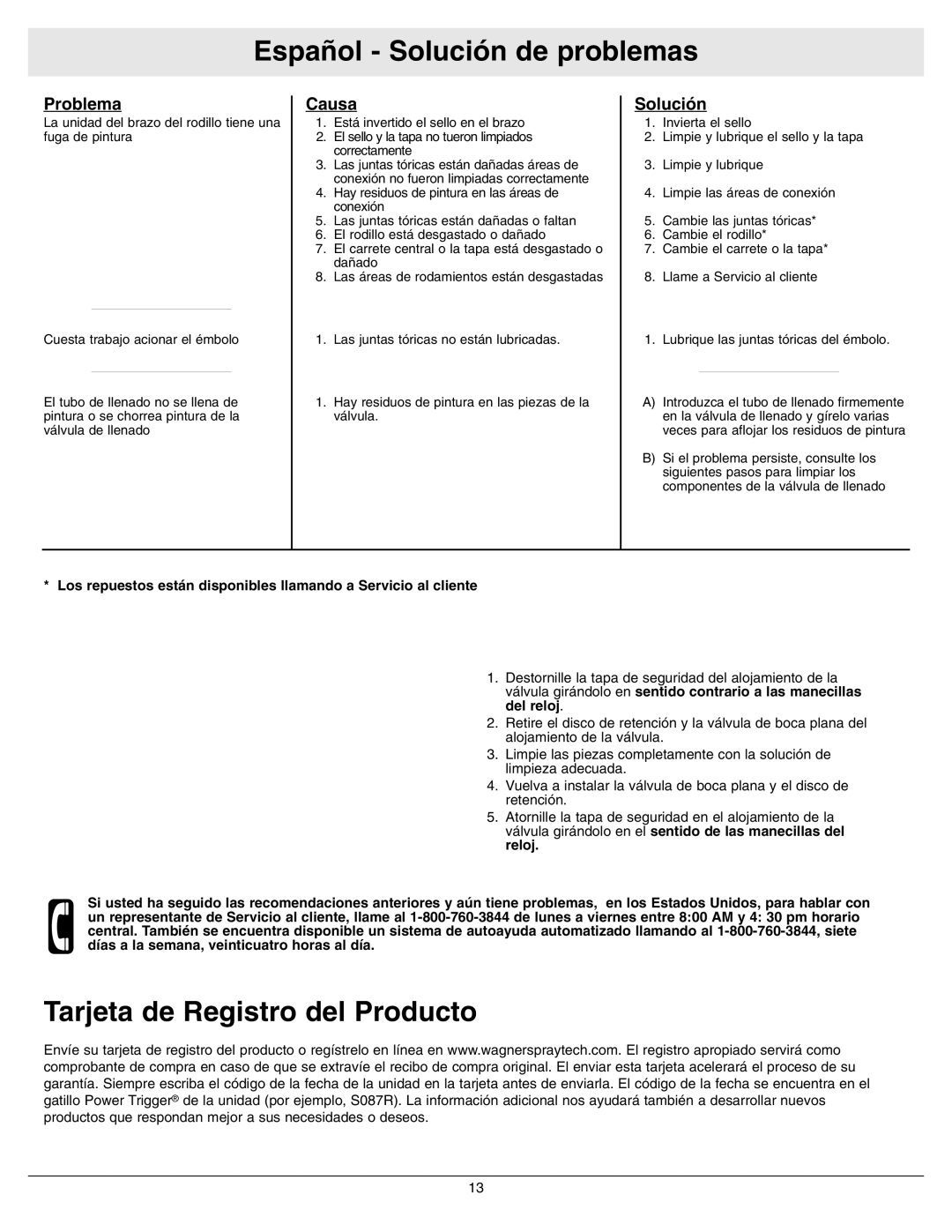 Wagner SprayTech PaintMate owner manual Español Solución de problemas, Tarjeta de Registro del Producto 