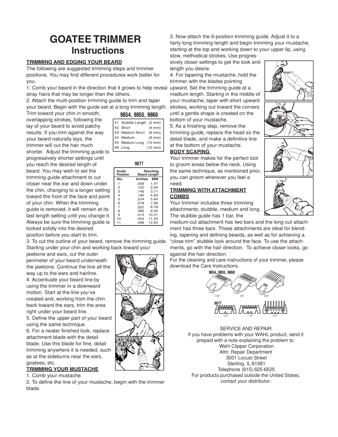 Wahl 9860 manual Goatee Trimmer, Instructions, 9854, 9855, Trimming and Edging Your Beard, Trimming Your Mustache 