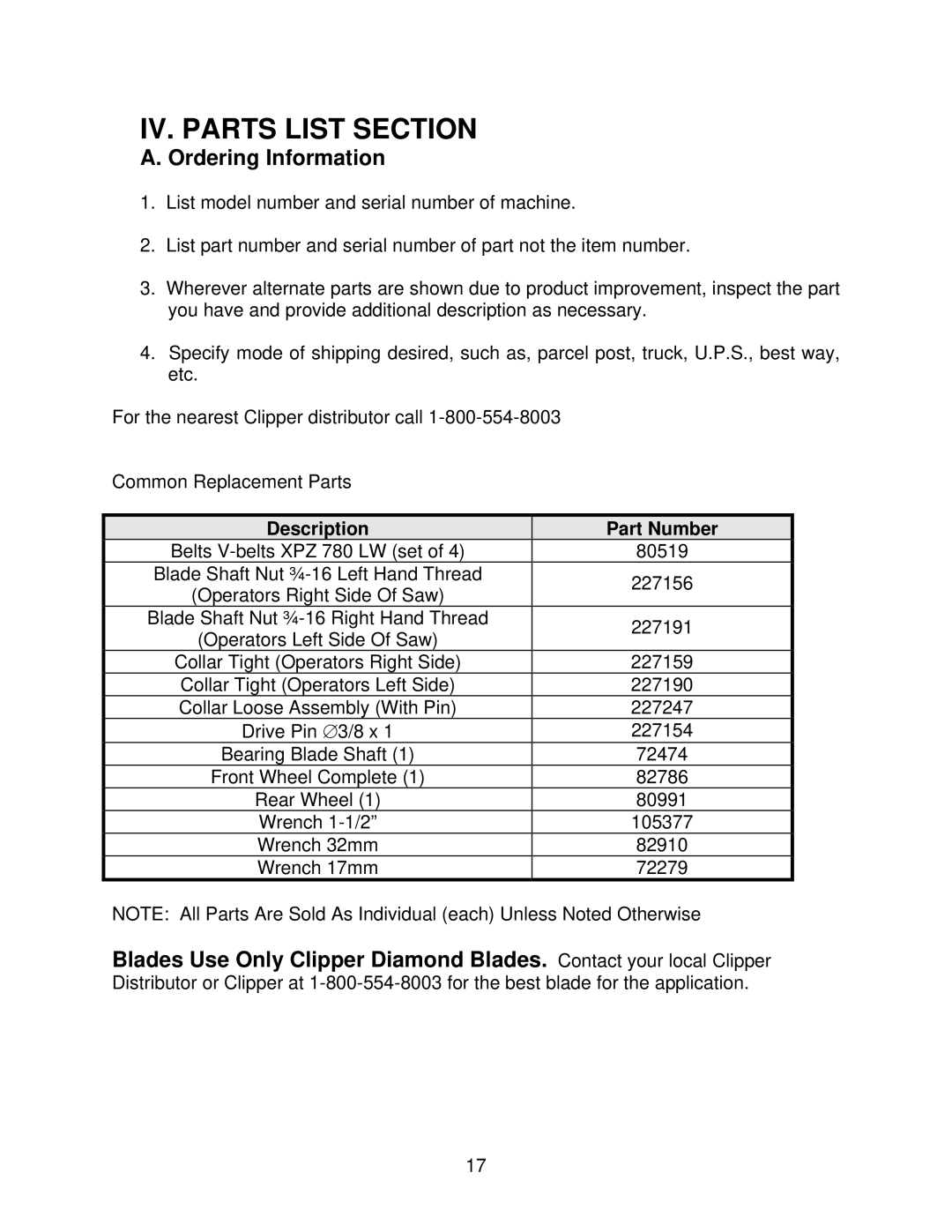 Wahl C13 owner manual IV. Parts List Section, Ordering Information, Description Part Number 