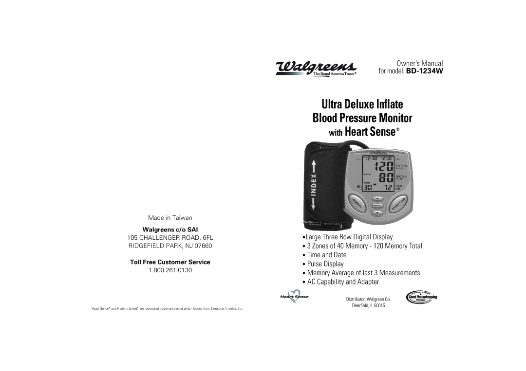 Walgreens BD-1234W manual Ultra Deluxe Inflate Blood Pressure Monitor With Heart Sense 