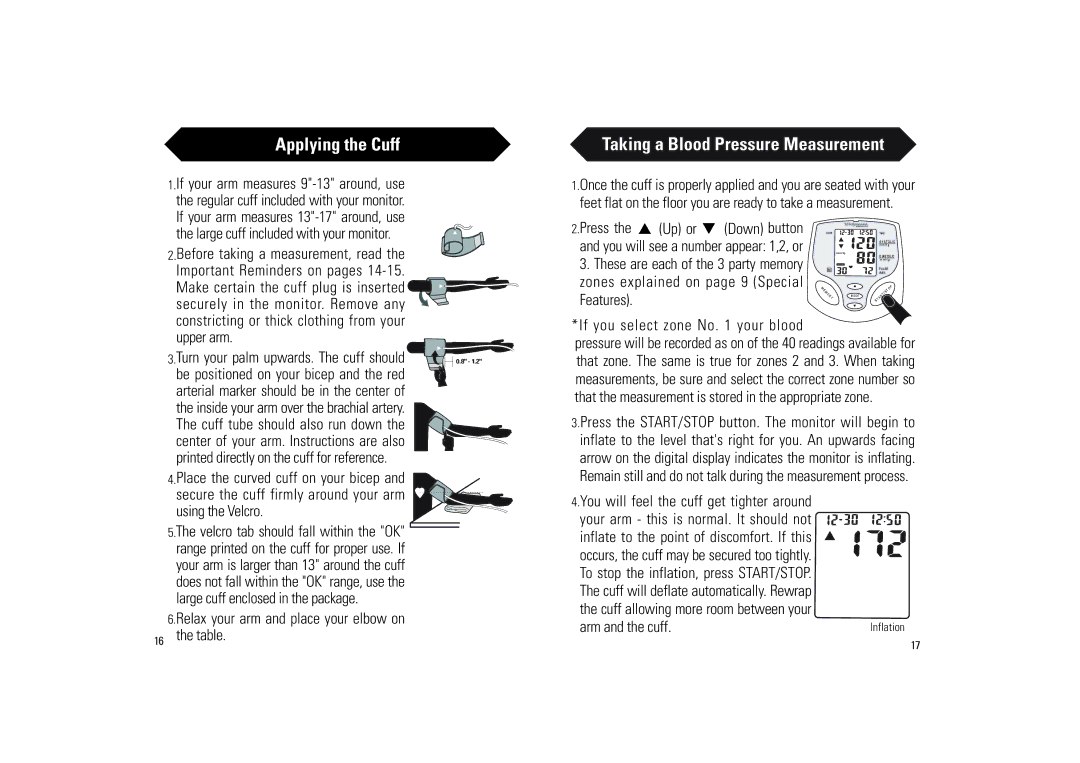 Walgreens BD-1234W manual Applying the Cuff, Large cuff included with your monitor, If you select zone No your blood 