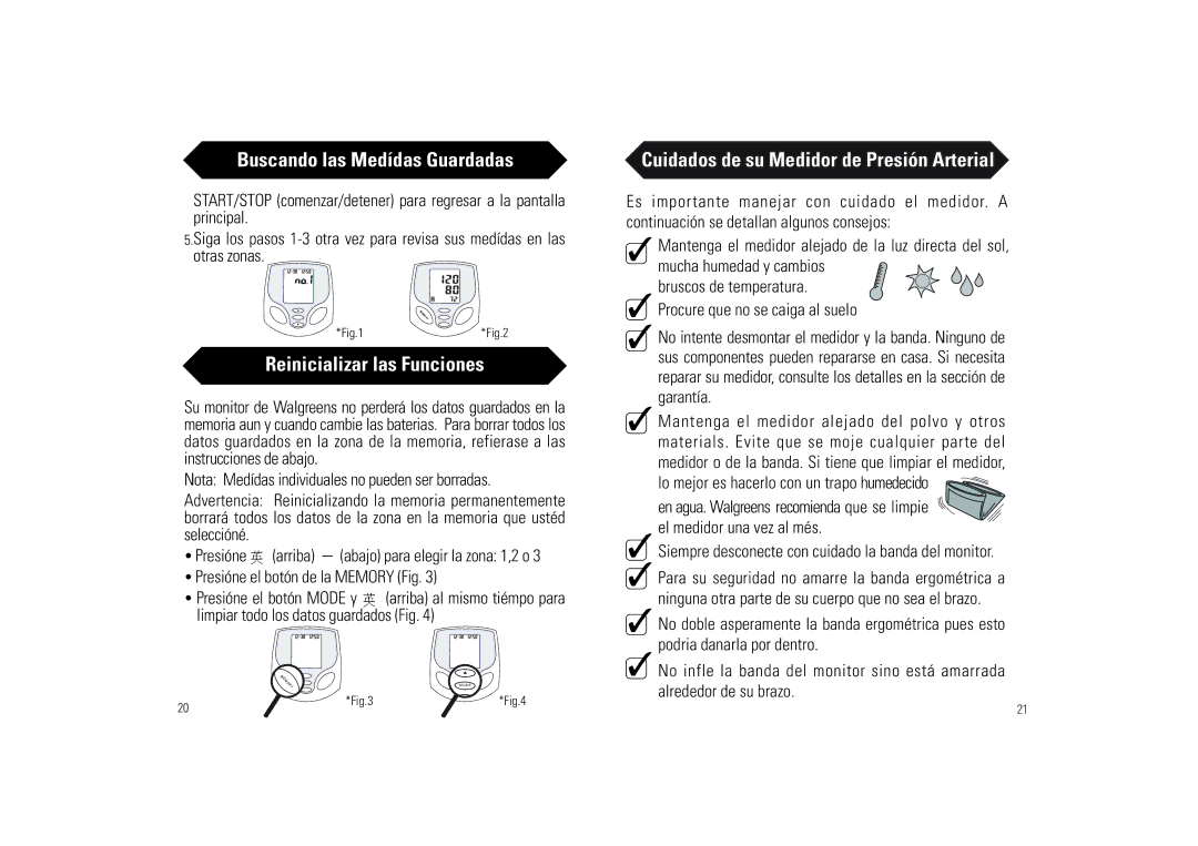 Walgreens BD-1234W manual Reinicializar las Funciones, Presióne el botón de la Memory Fig, Procure que no se caiga al suelo 