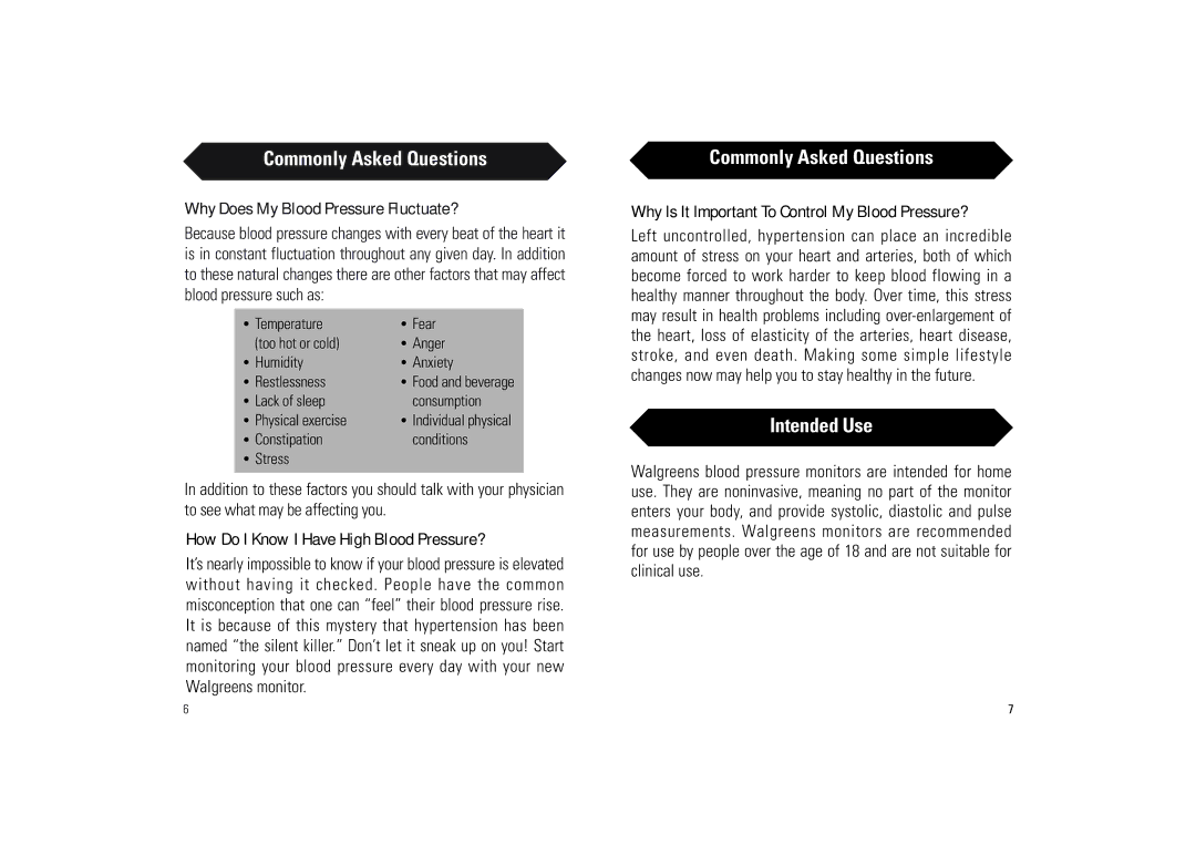 Walgreens BD-1234W manual Intended Use, Why Does My Blood Pressure Fluctuate?, How Do I Know I Have High Blood Pressure? 
