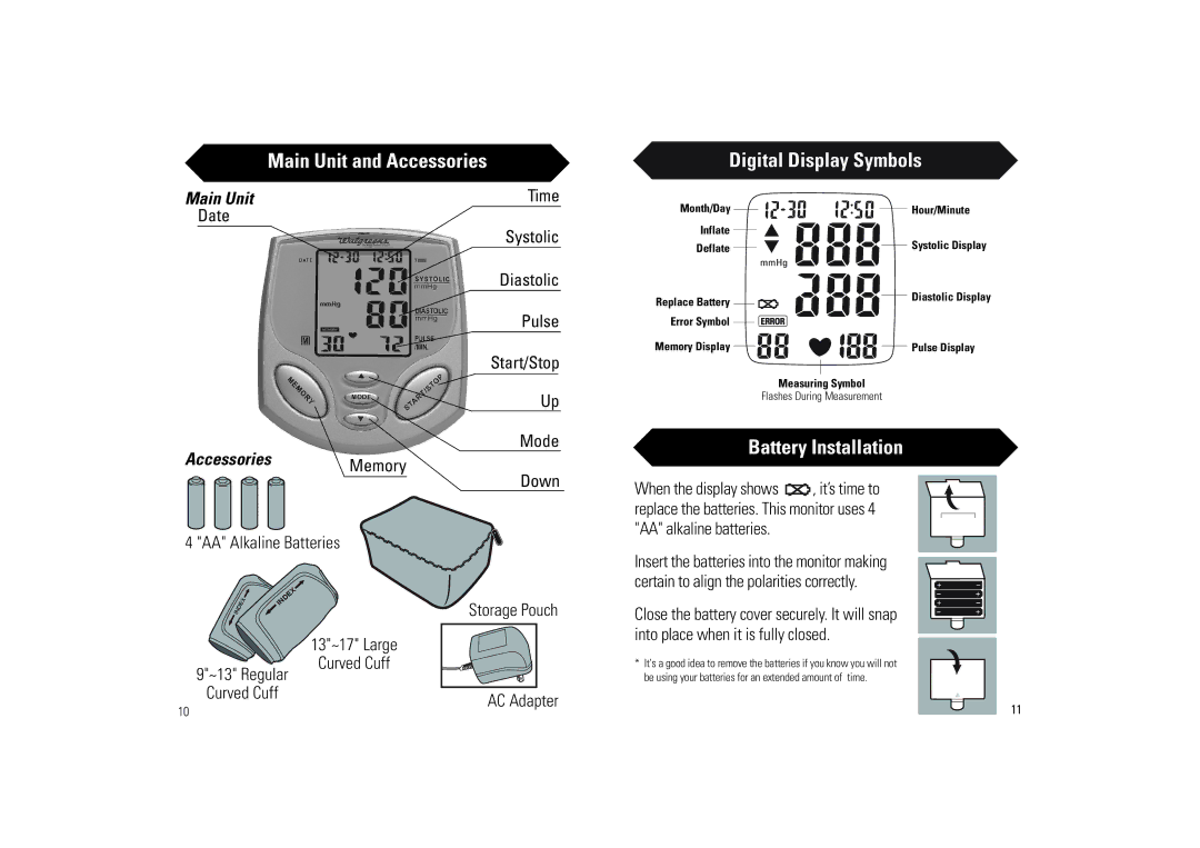 Walgreens BD-1234W manual Main Unit and Accessories Digital Display Symbols, Battery Installation, AccessoriesMemory 