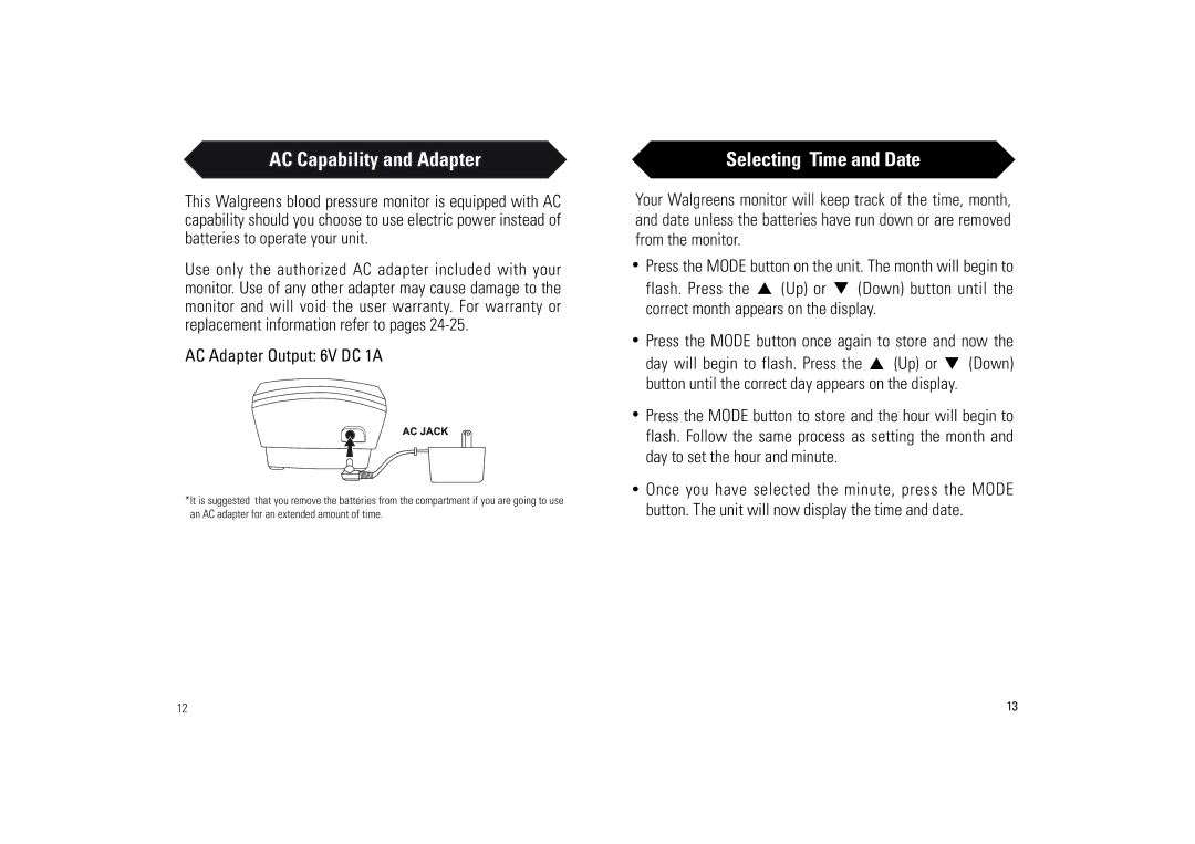 Walgreens BD-1234W manual AC Capability and Adapter, Selecting Time and Date, AC Adapter Output 6V DC 1A 
