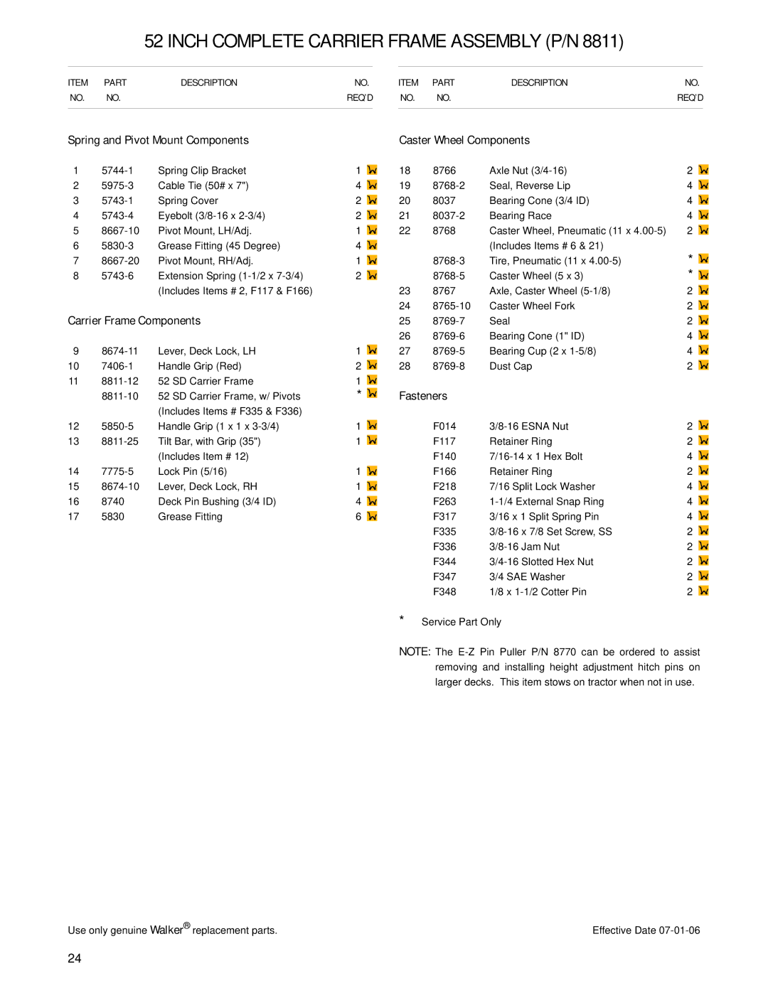 Walker 48-inch manual Inch Complete Carrier Frame Assembly P/N, Spring and Pivot Mount Components Caster Wheel Components 