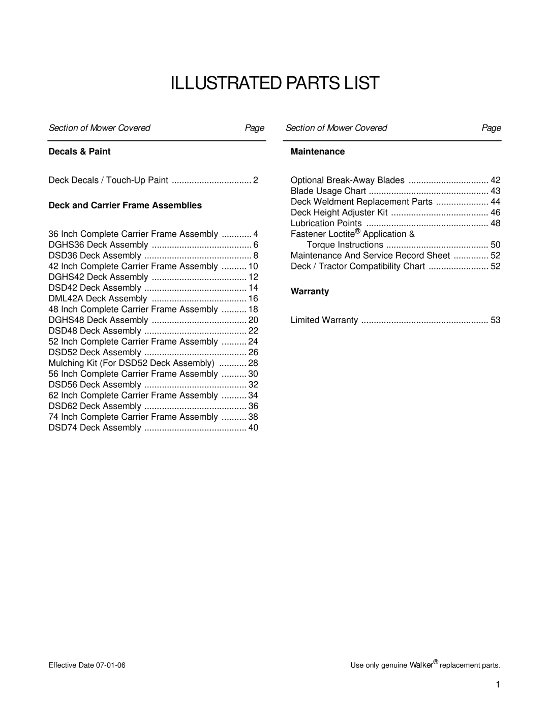 Walker 74-inch, 52-inch, 56-inch, 62-inch, 36-inch Decals & Paint Maintenance, Deck and Carrier Frame Assemblies, Warranty 