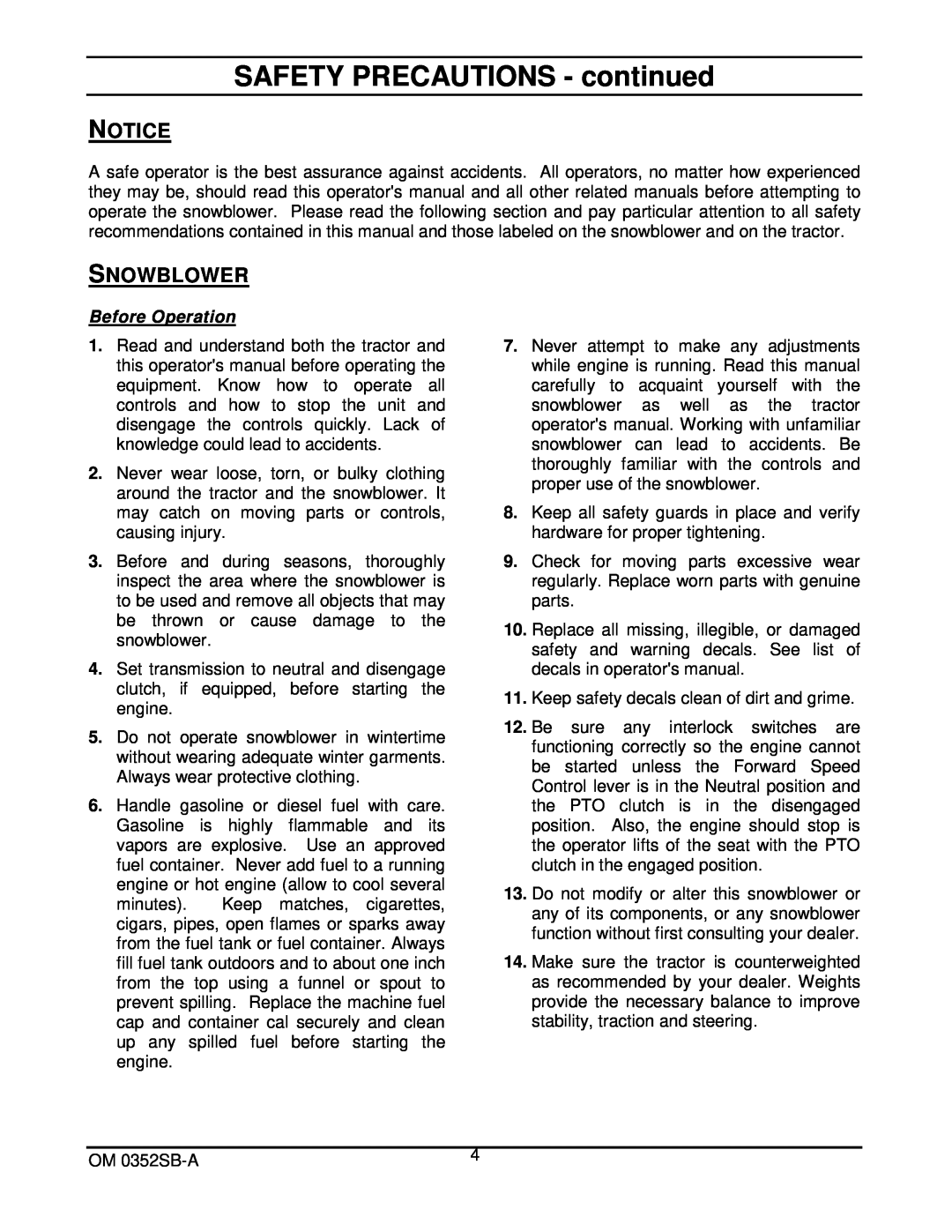 Walker 5600-20 manual SAFETY PRECAUTIONS - continued, Snowblower, Before Operation 
