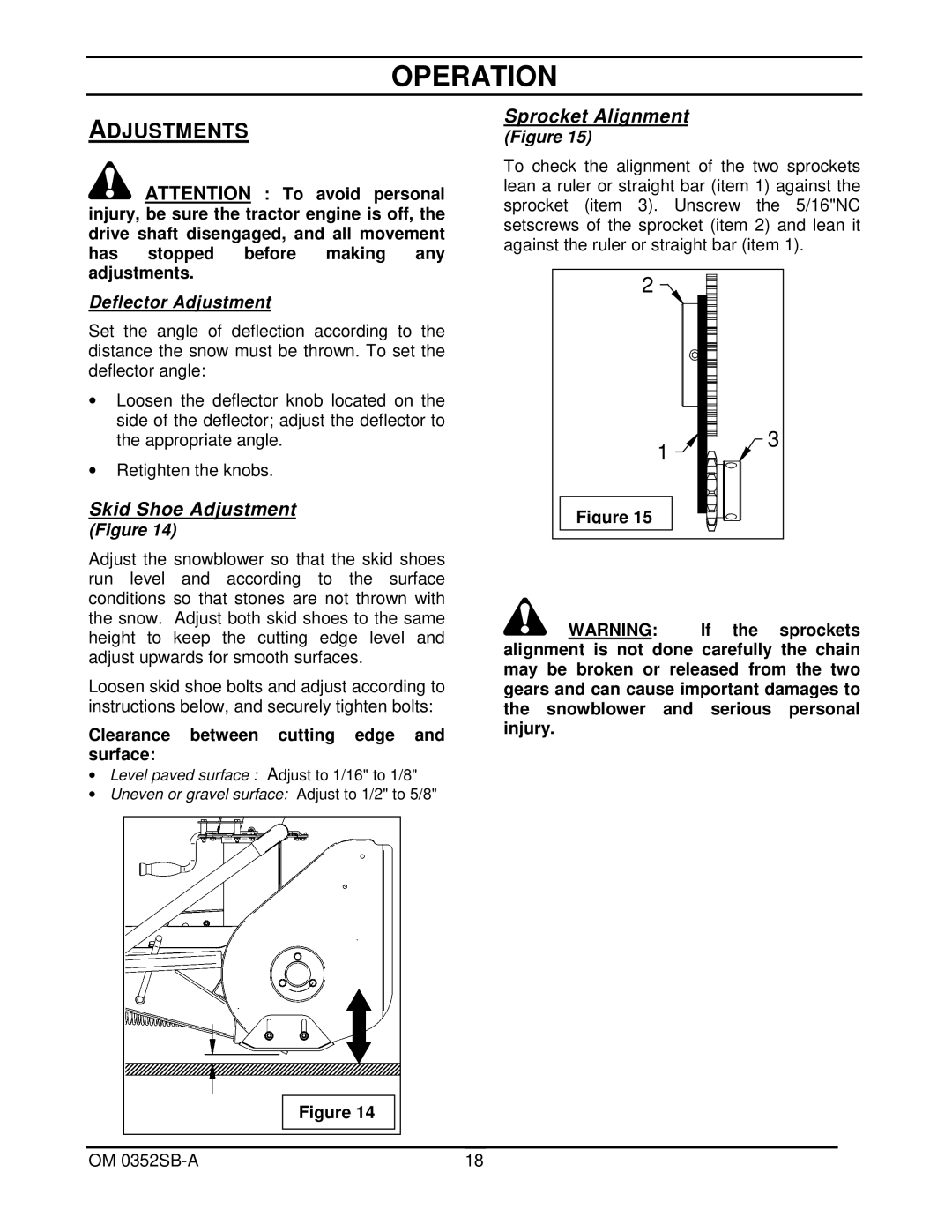 Walker 5600-20 manual Adjustments, Skid Shoe Adjustment, Sprocket Alignment 