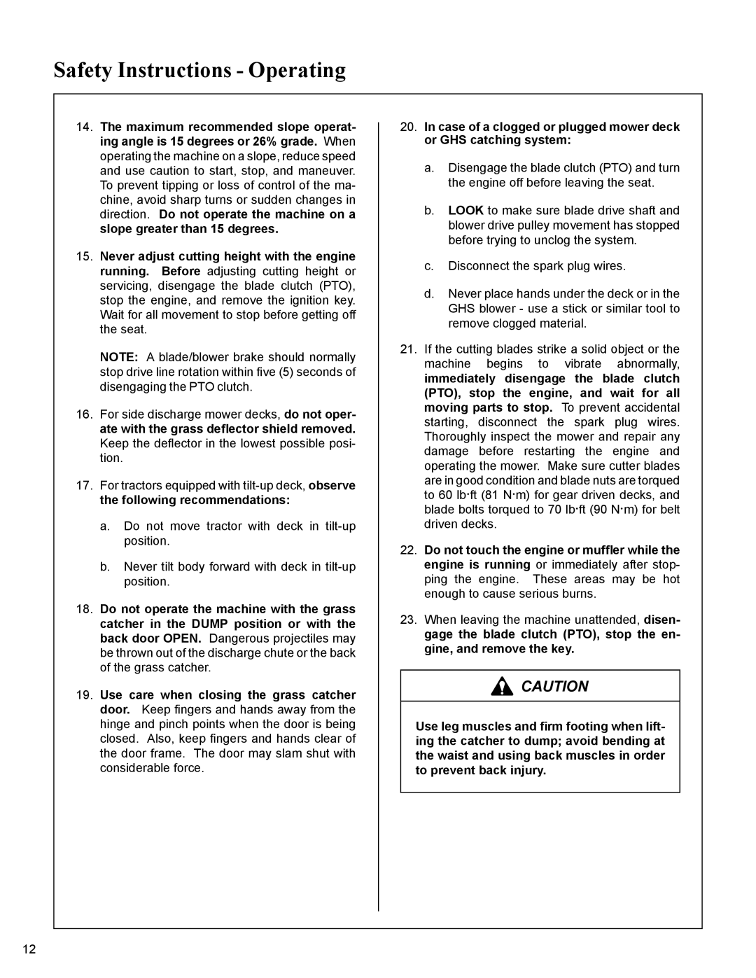 Walker MC19 manual Safety Instructions Operating 