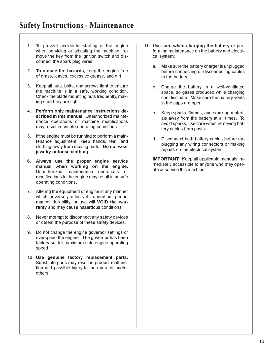 Walker MC19 manual Safety Instructions Maintenance 