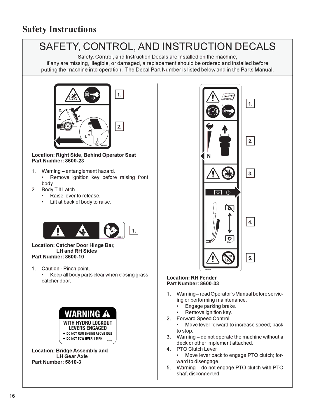 Walker MC19 manual Location Right Side, Behind Operator Seat Part Number 