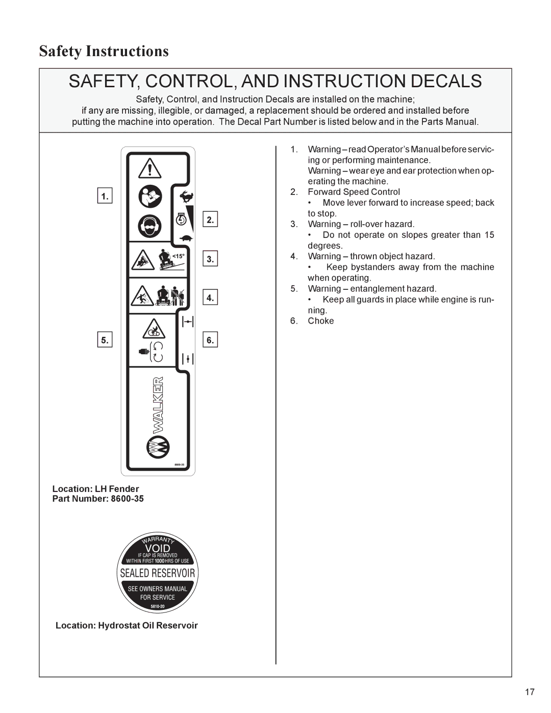 Walker MC19 manual SAFETY, CONTROL, and Instruction Decals 