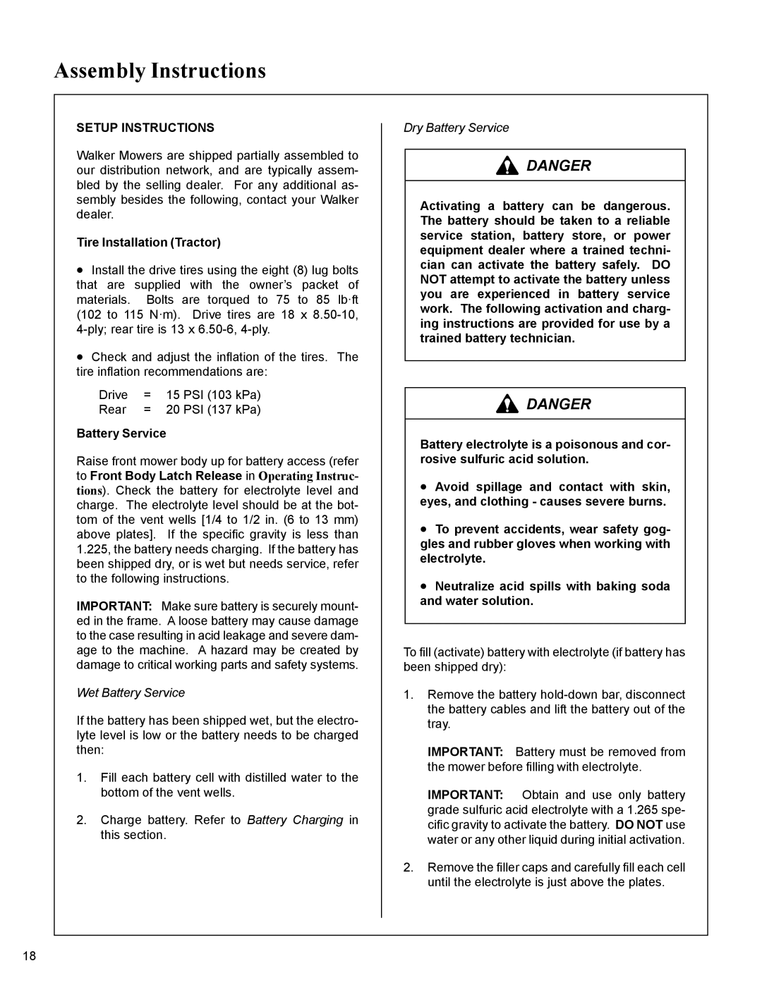 Walker MC19 manual Assembly Instructions, Setup Instructions, Wet Battery Service, Dry Battery Service 