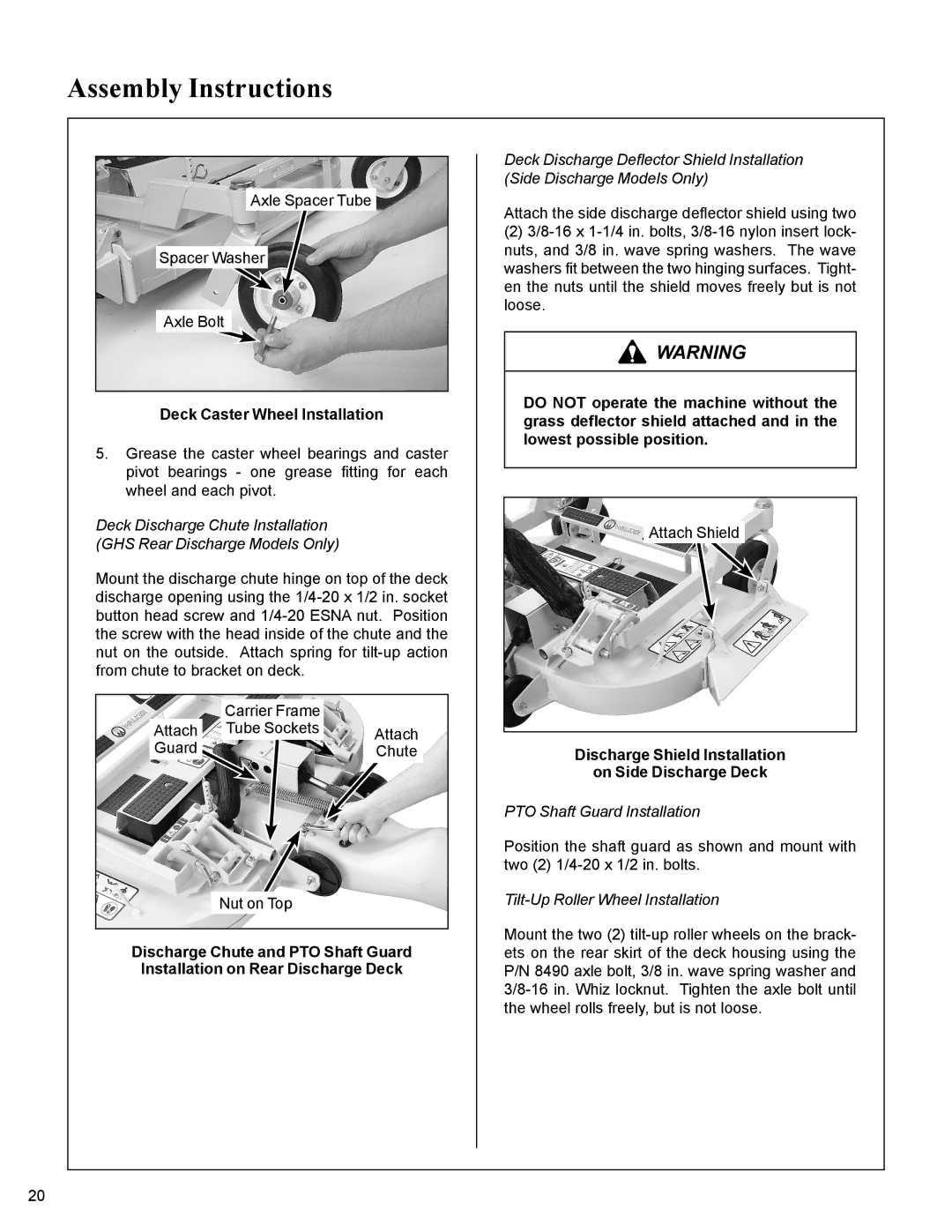 Walker MC19 manual Deck Caster Wheel Installation, Discharge Shield Installation On Side Discharge Deck 