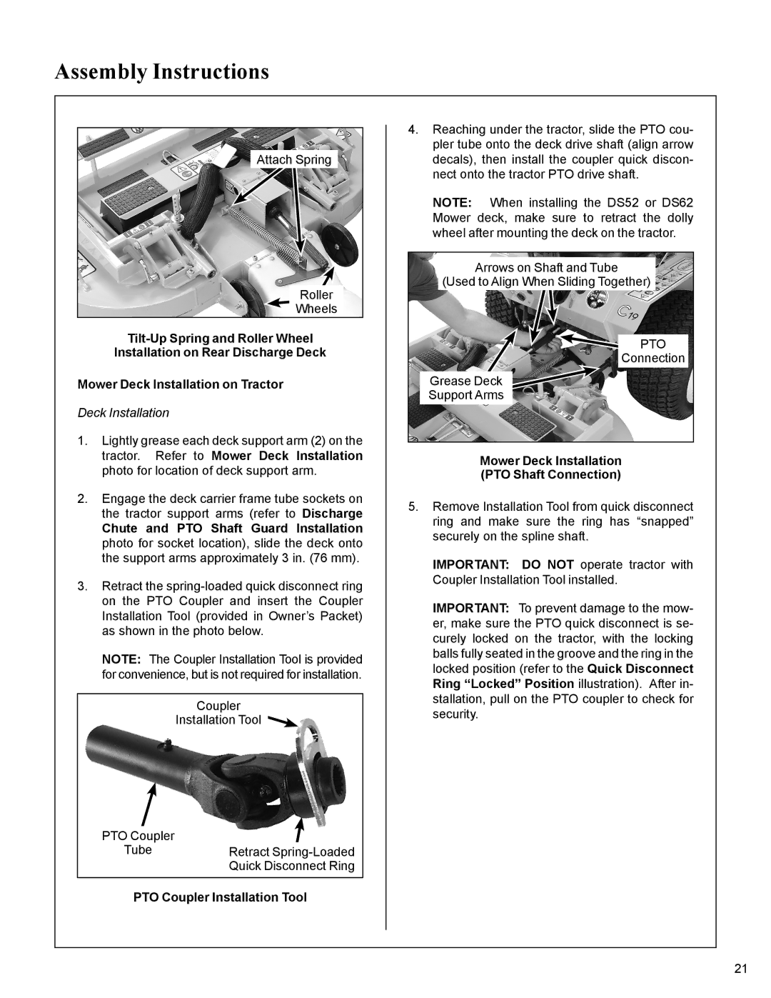 Walker MC19 manual PTO Coupler Installation Tool, Mower Deck Installation PTO Shaft Connection 