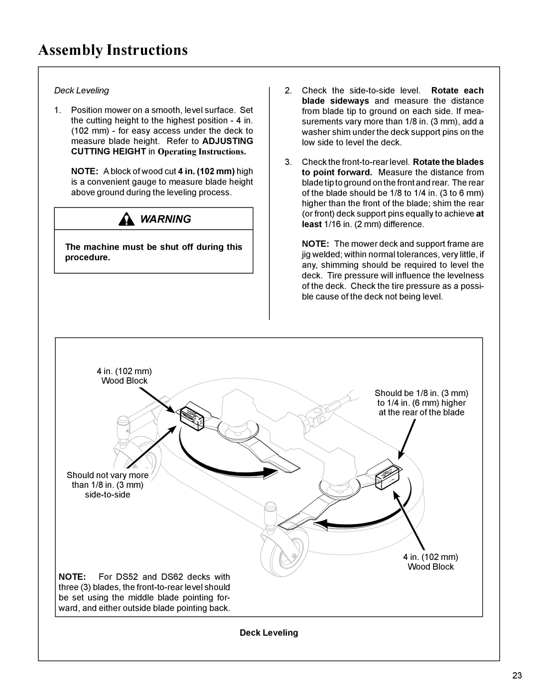 Walker MC19 manual Deck Leveling, Machine must be shut off during this procedure 