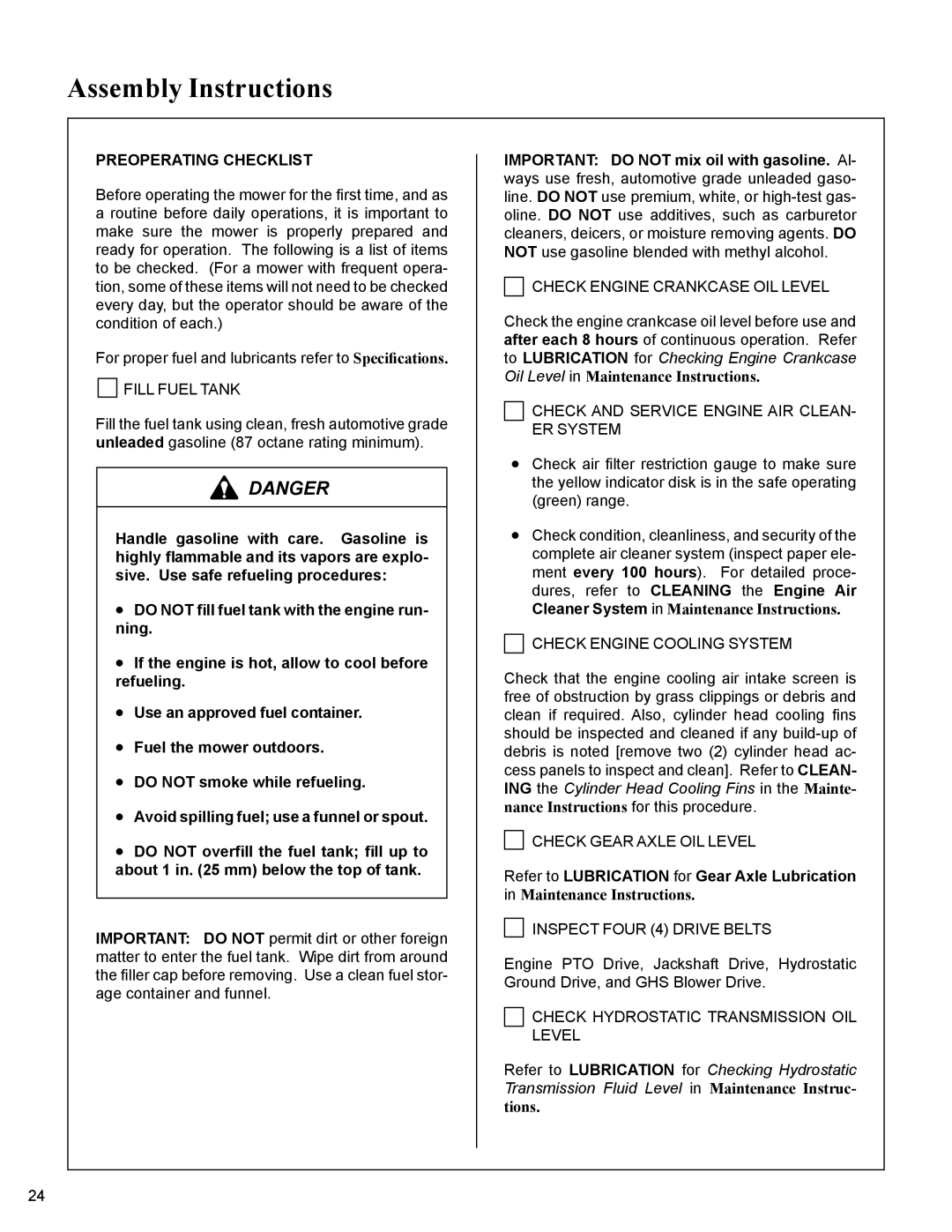 Walker MC19 manual Fill Fuel Tank, Refer to Lubrication for Gear Axle Lubrication 