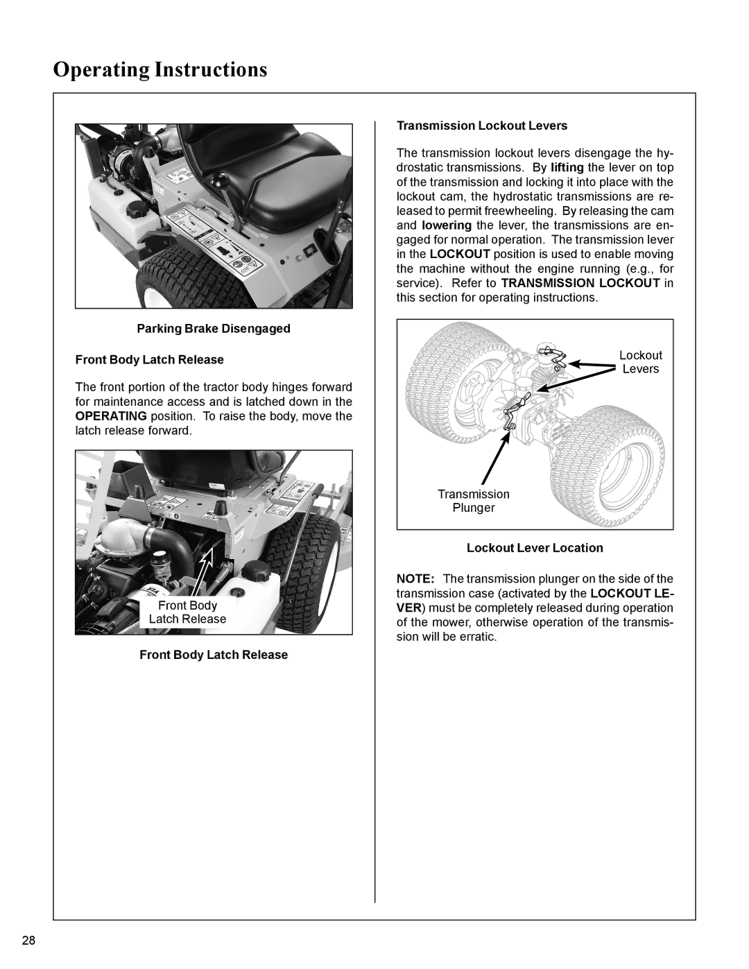 Walker MC19 manual Parking Brake Disengaged Front Body Latch Release, Lockout Lever Location 