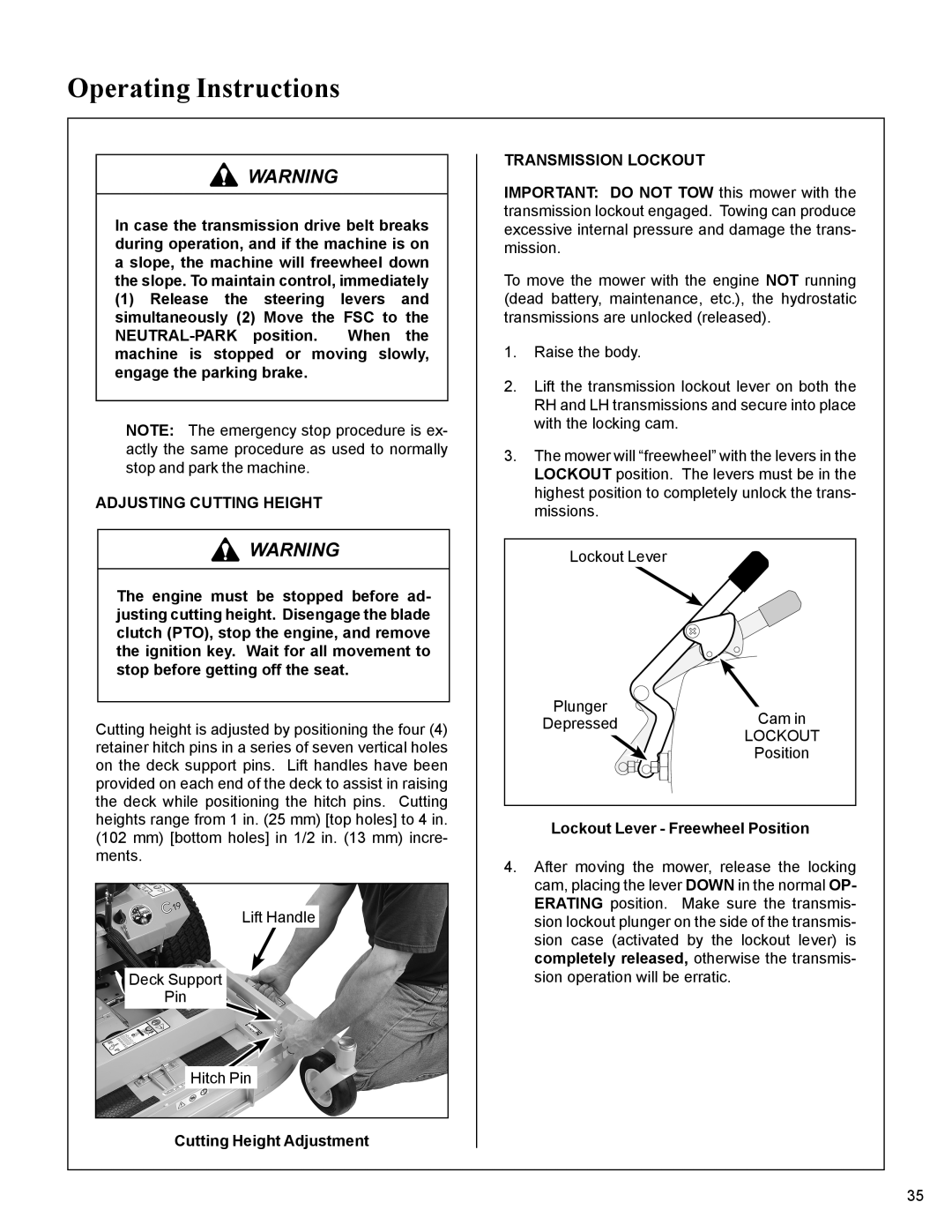 Walker MC19 manual Cutting Height Adjustment, Transmission Lockout, Lockout Lever Freewheel Position 