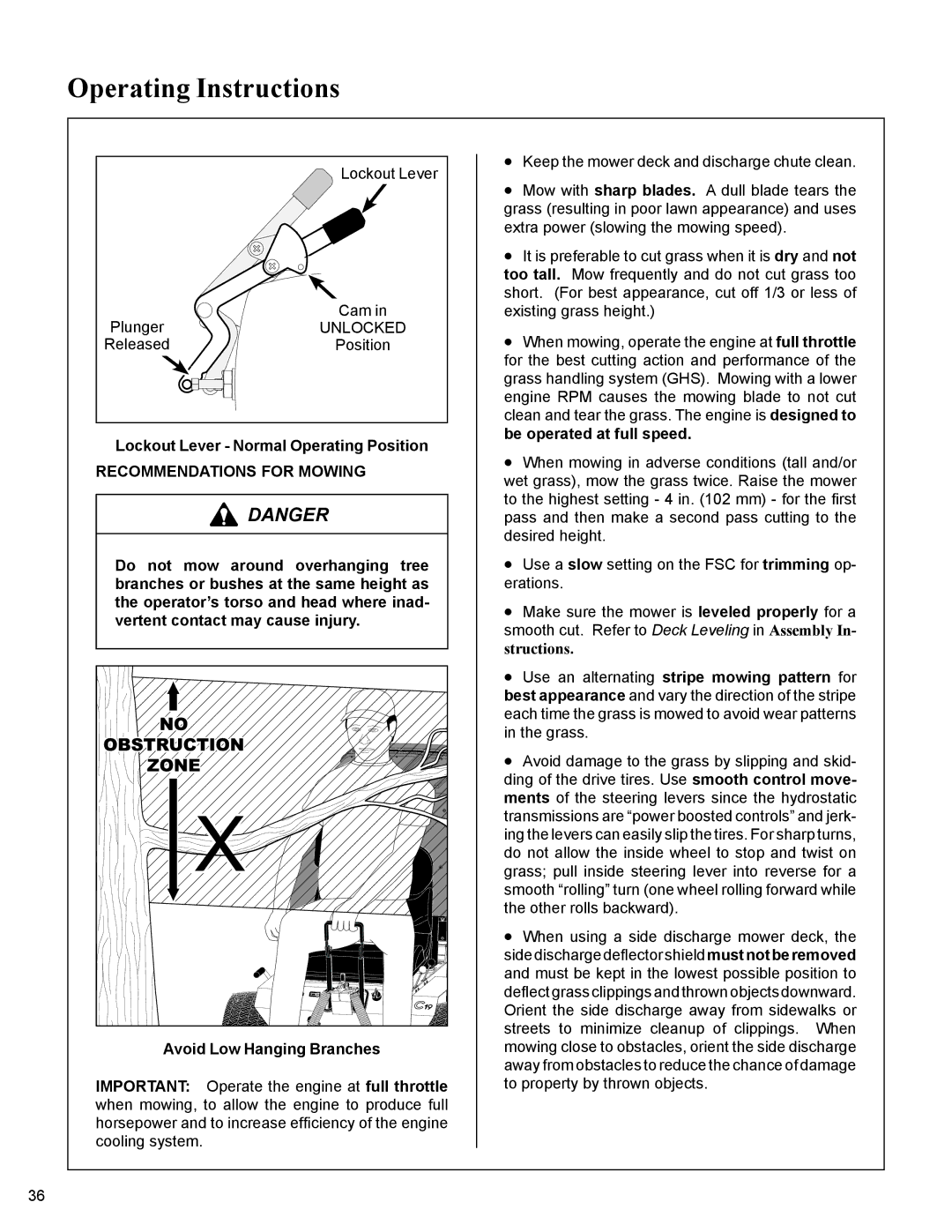 Walker MC19 manual Lockout Lever Normal Operating Position, Recommendations for Mowing 