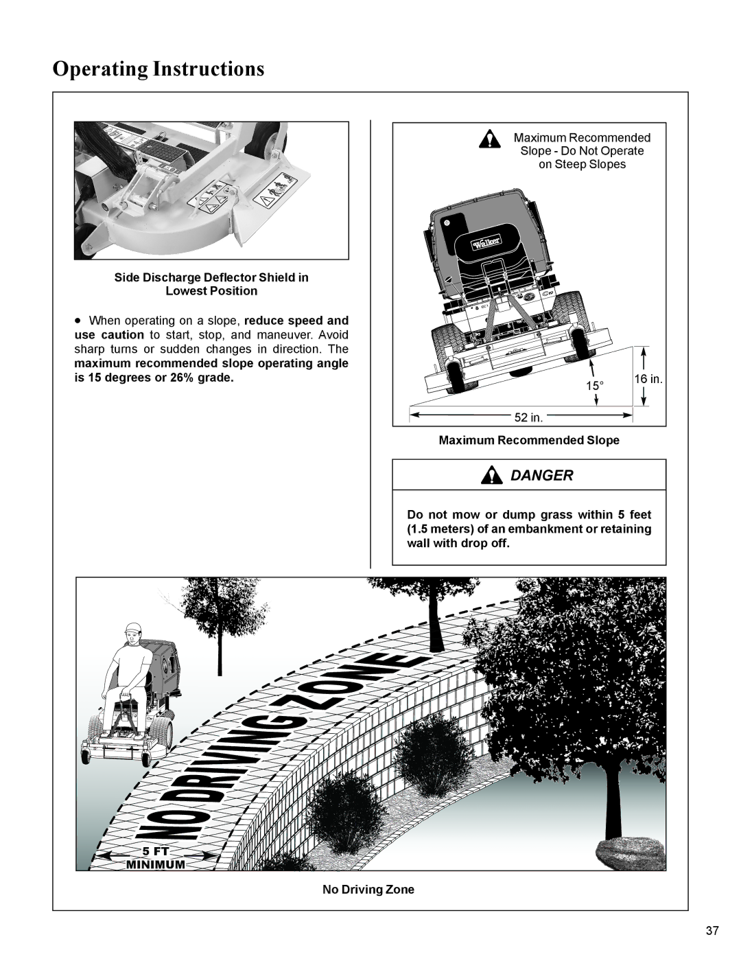Walker MC19 manual Side Discharge Deflector Shield Lowest Position, No Driving Zone 