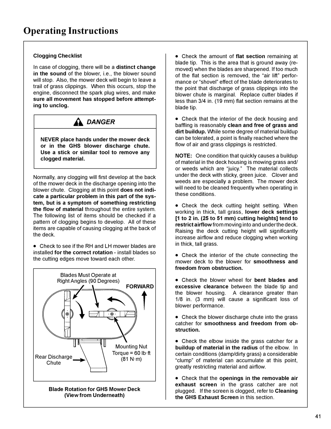 Walker MC19 manual Clogging Checklist, Forward, Blade Rotation for GHS Mower Deck View from Underneath 