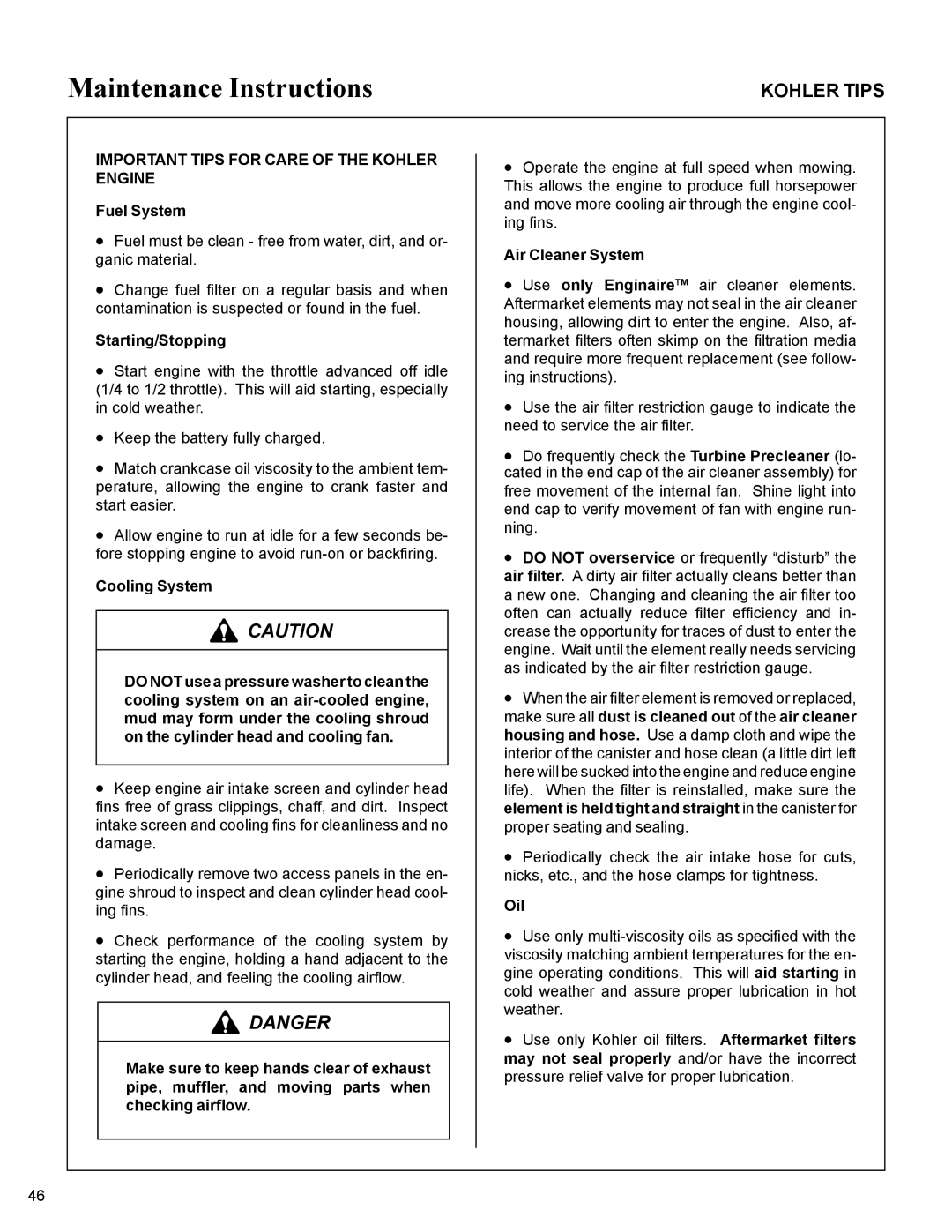 Walker MC19 manual Important Tips for Care of the Kohler Engine 