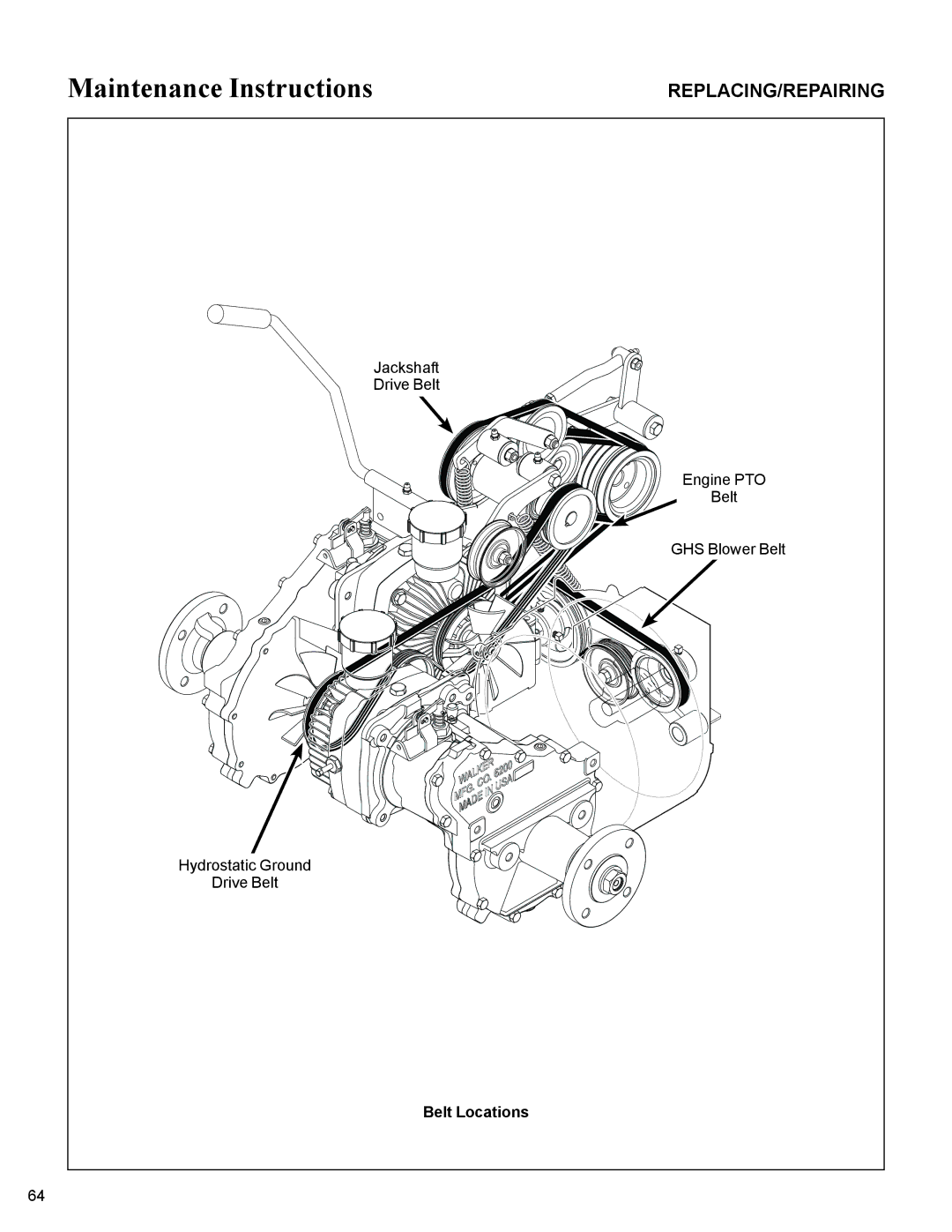 Walker MC19 manual Replacing/Repairing, Belt Locations 