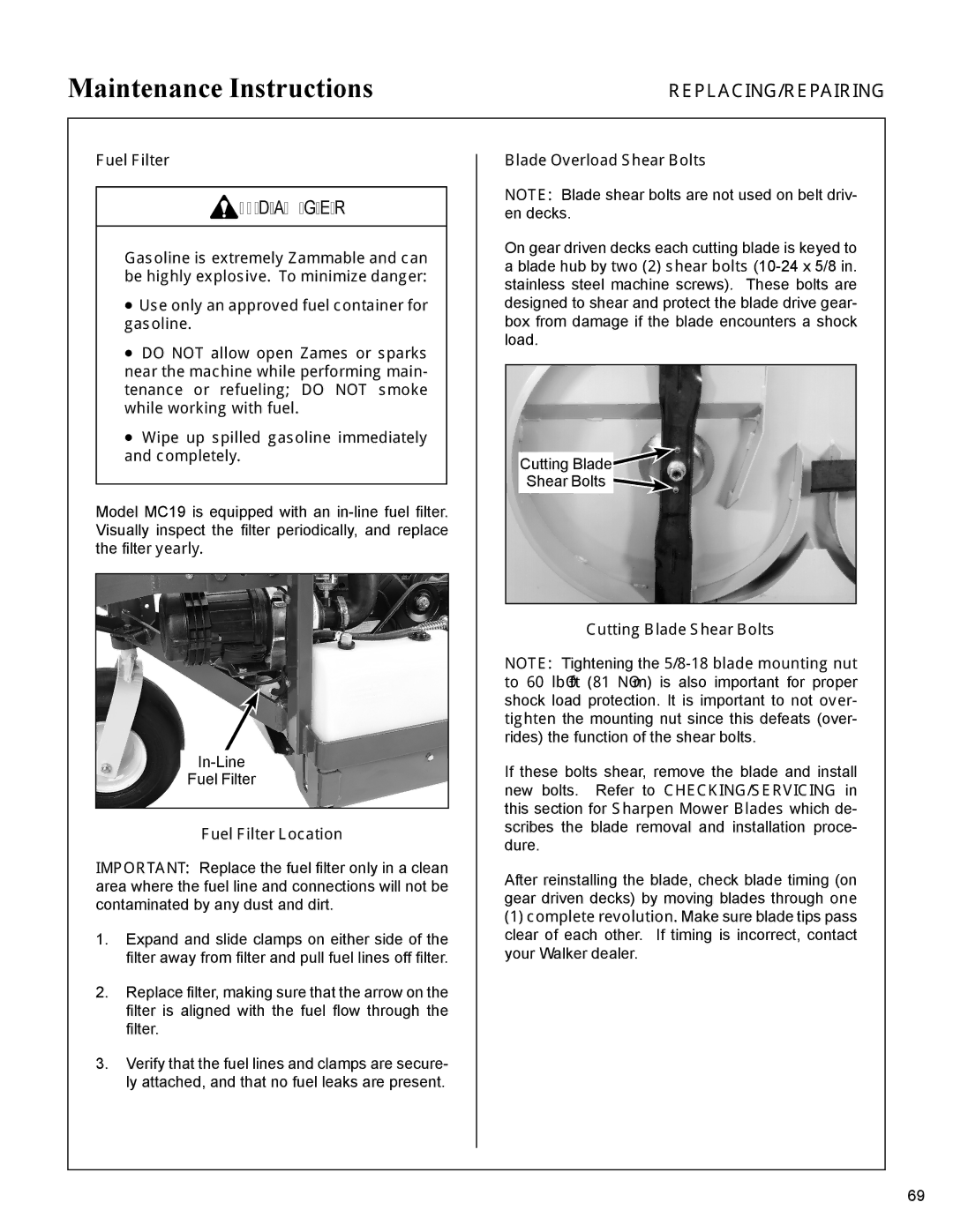 Walker MC19 manual Fuel Filter Location, Blade Overload Shear Bolts, Cutting Blade Shear Bolts 