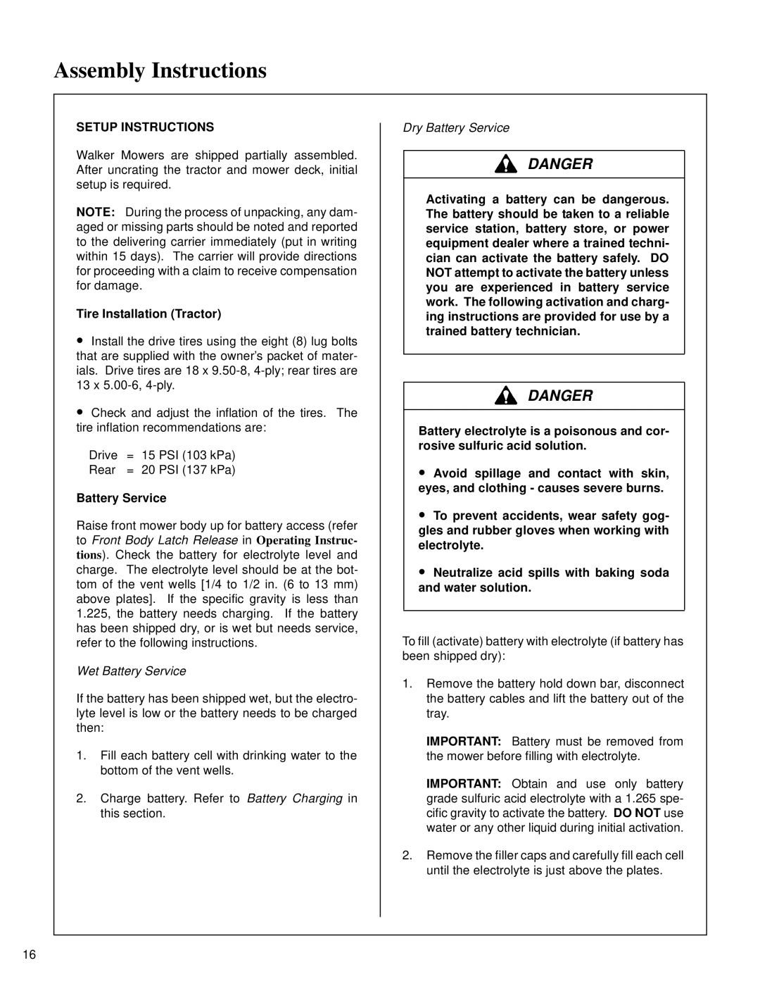 Walker MT owner manual Assembly Instructions, Setup Instructions, Wet Battery Service, Dry Battery Service 