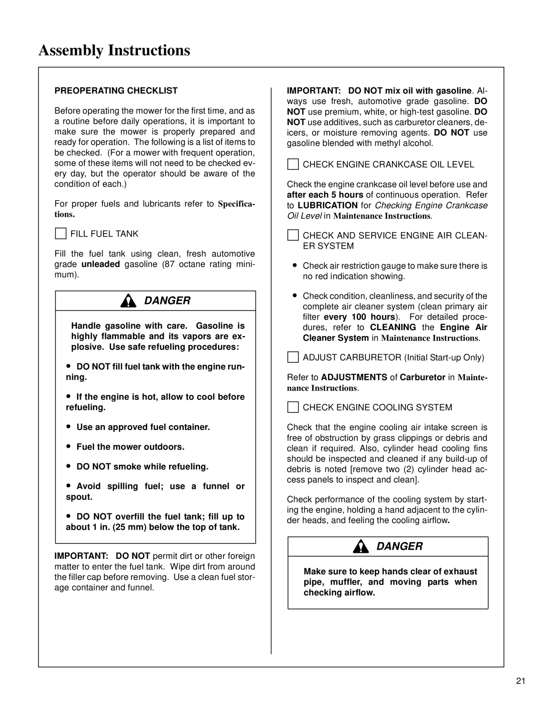 Walker MT owner manual Tions, Refer to Adjustments of Carburetor in Mainte 