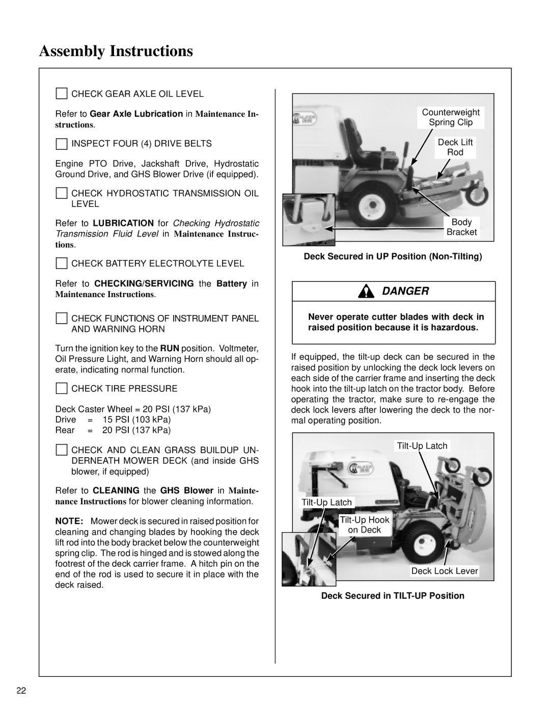 Walker MT owner manual Refer to Gear Axle Lubrication in Maintenance, Refer to CHECKING/SERVICING the Battery 