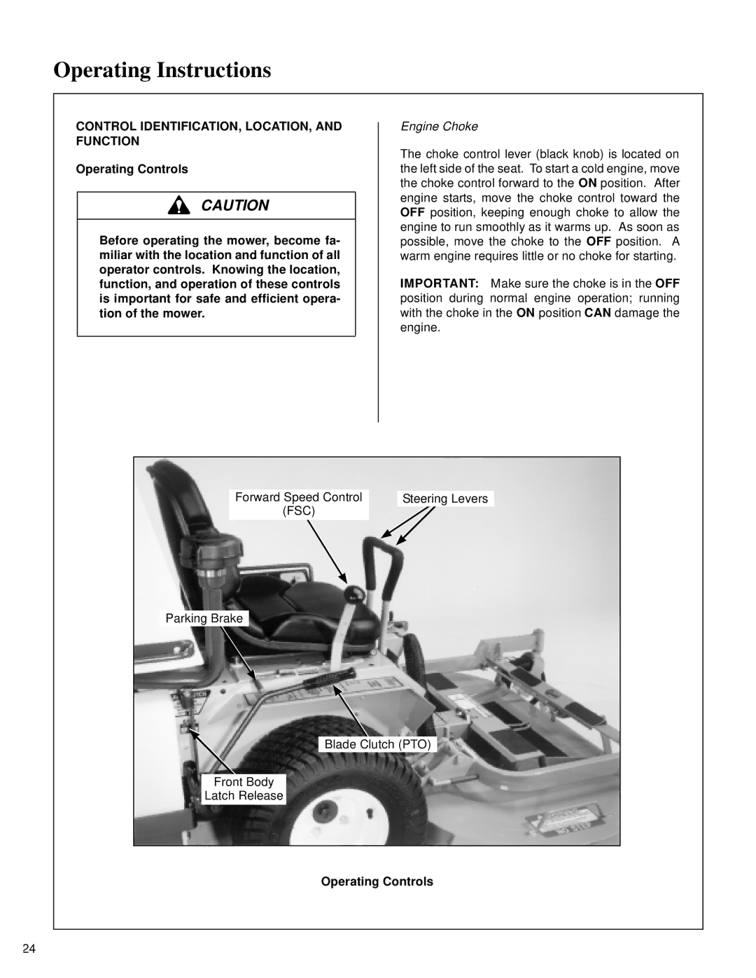 Walker MT Operating Instructions, Control IDENTIFICATION, LOCATION, and Function, Engine Choke, Operating Controls 