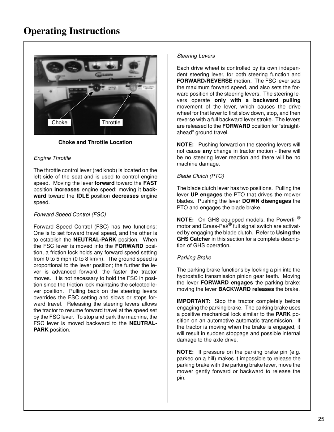 Walker MT owner manual Choke and Throttle Location, Engine Throttle, Steering Levers, Blade Clutch PTO, Parking Brake 