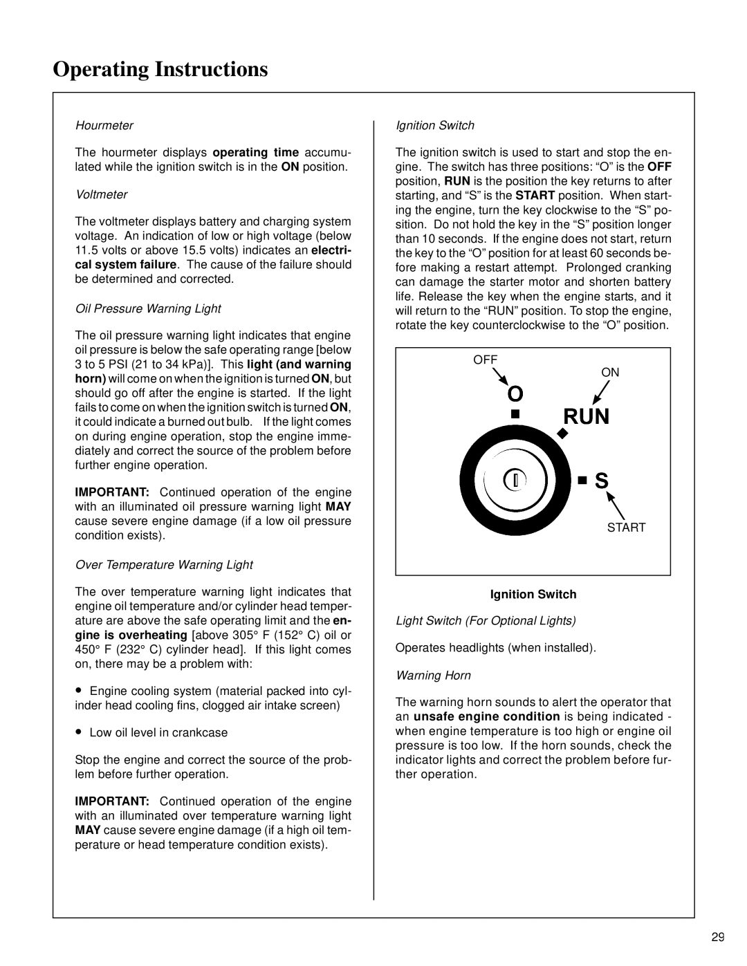 Walker MT owner manual Hourmeter, Voltmeter, Oil Pressure Warning Light, Ignition Switch 