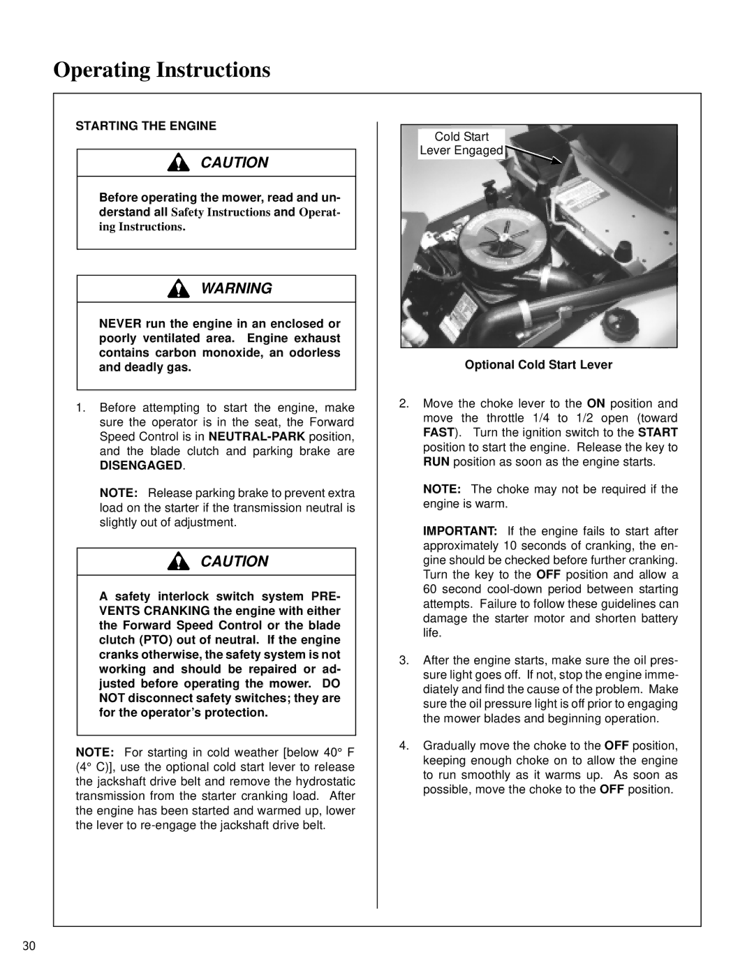 Walker MT owner manual Starting the Engine, Disengaged, Optional Cold Start Lever 